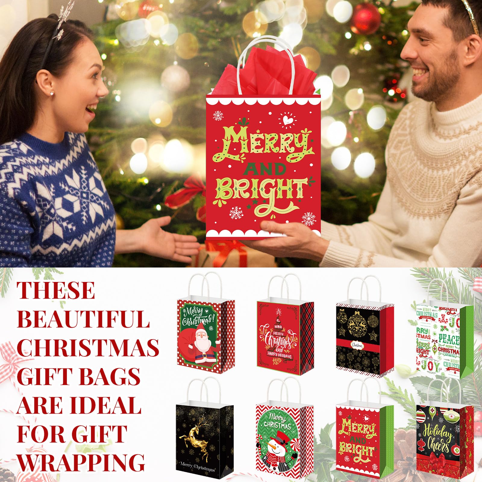 40 Pack Small Christmas Gift Bags with Handles - Kraft Paper Holiday Favor Bags with Tissue Paper (8.27x5.91x3.15 Inch) - Perfect for Xmas Party Favors, Stocking Stuffers & Holiday Gift Wrapping