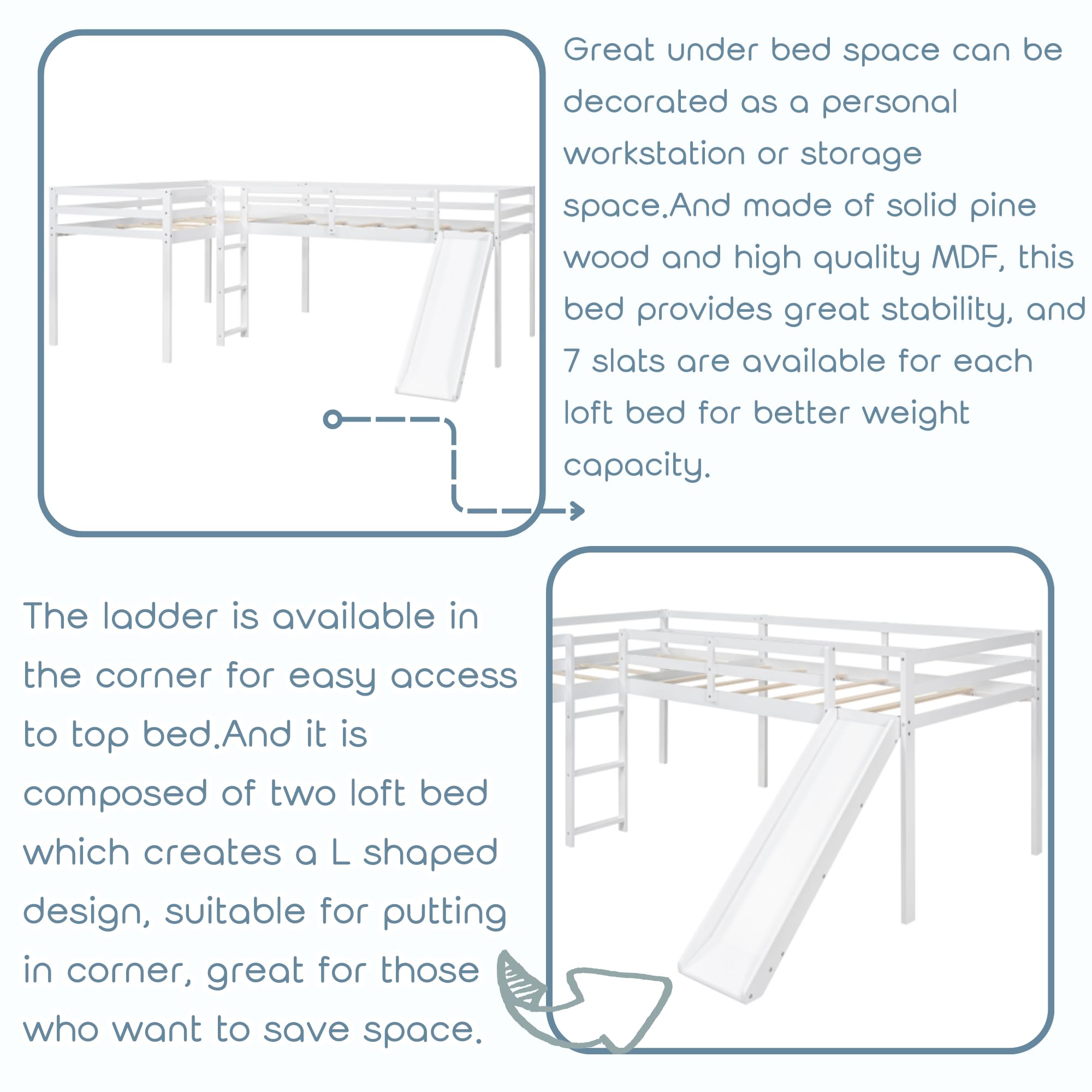 Harper & Bright Designs L-Shape Loft Beds with Slide & Ladder - Twin Size Wooden Bunk Bed Frame for 2 Kids - Space Saving Corner Loft Bed for Girls, Boys & Teens - No Box Spring Needed - Gray & White - Perfect for Small Bedrooms, Kids' Rooms & Shared Spaces