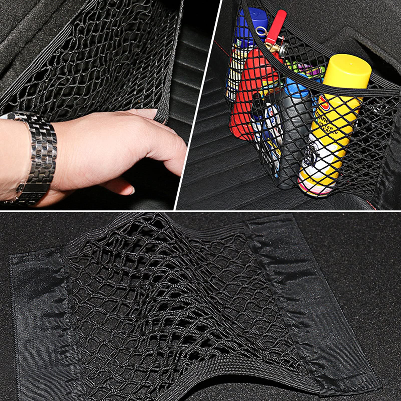 Universal Car Storage Organizer - Rear Seat Mesh Pocket Bag with Elastic String & Magic Sticker for Auto Trunk Organization | Perfect for Road Trips, Grocery Shopping & Family Travel Accessories