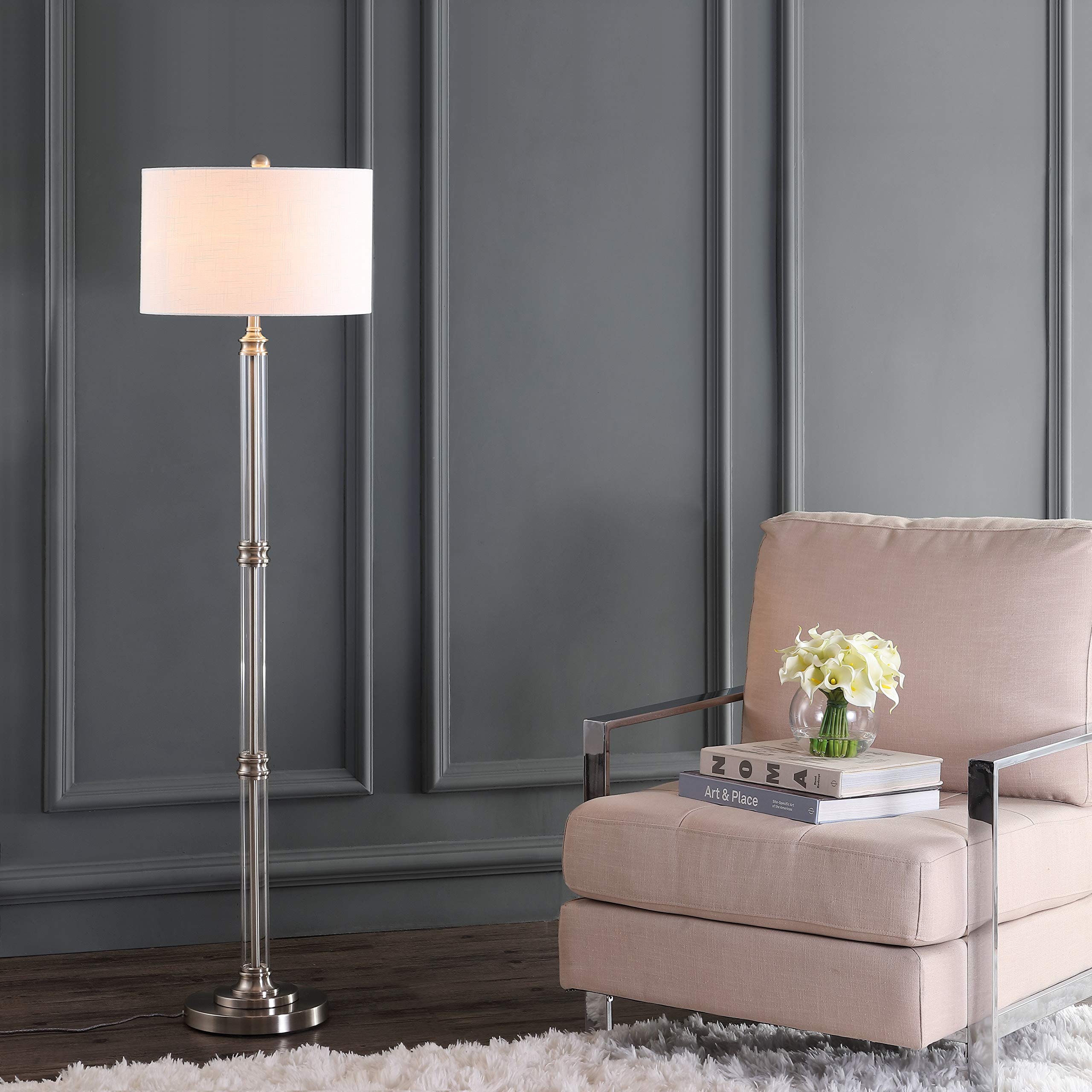 JONATHAN Y JYL3058A 60-Inch Modern Floor Lamp in Polished Nickel with Clear Glass - Contemporary Elegant Lighting for Living Room, Bedroom, Office & Hallway | Perfect for Reading Nook, Home Office & Entryway Decor