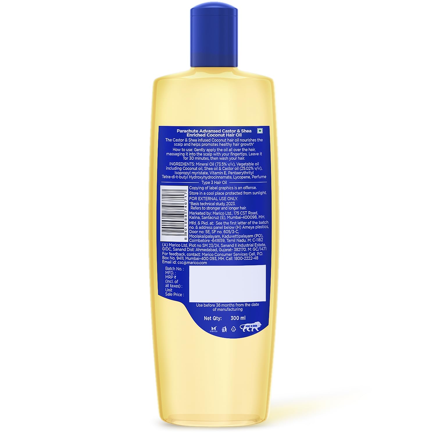 Parachute Advanced Castor & Shea Enriched Coconut Hair Oil 300ml | 10X Stronger Hair Growth | Deep Moisturizing & Nourishing Treatment | Reduces Hair Fall, Frizz & Breakage | Adds Vibrant Length & Volume | Dermatologist Tested | For Men & Women | Perfect for Dry, Damaged & Curly Hair Care