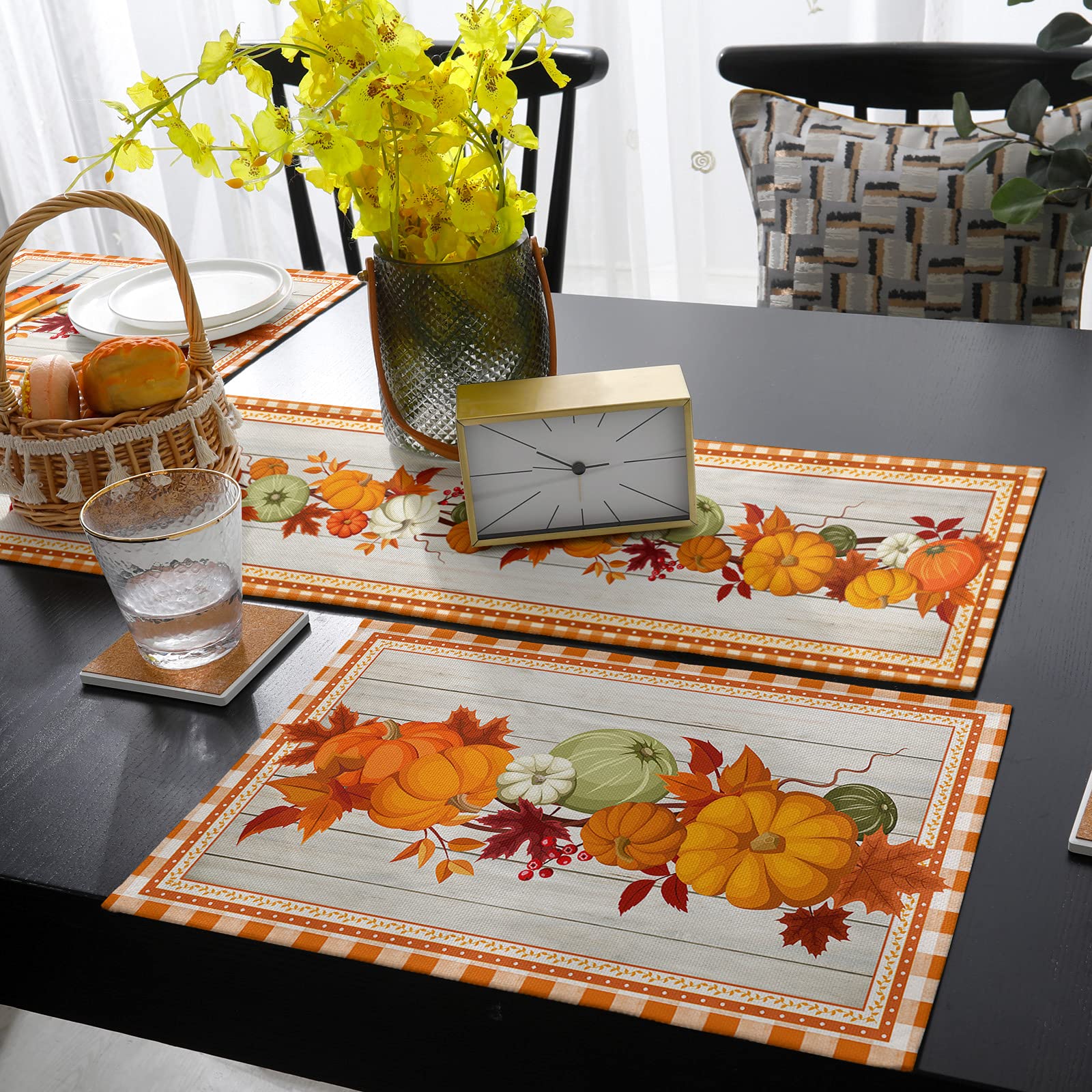 4-Piece Washable Linen Burlap Placemats Set with Matching Table Runner - Rustic Orange Plaid Autumn Leaf Design for Thanksgiving & Family Dinners - Perfect for Kitchen Dining Table Decor & Holiday Entertaining