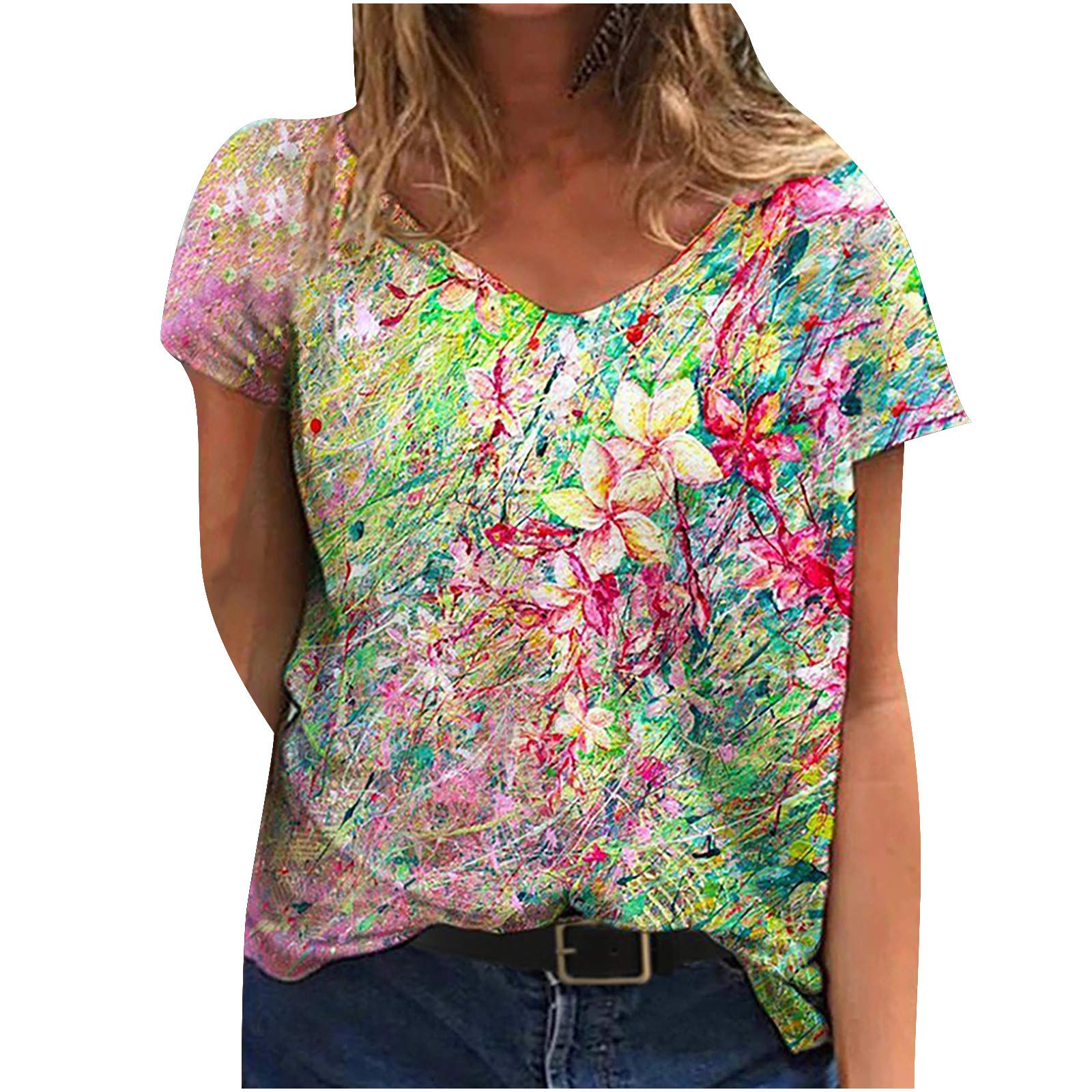 Plus Size Women's Floral Print V-Neck Short Sleeve T-Shirts - Trendy Summer Graphic Tees for Casual Wear & Outfits