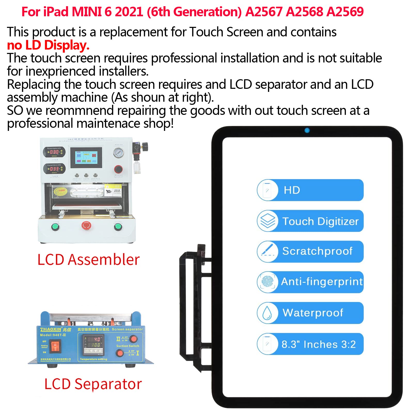 iPad Mini 6 Screen Replacement Kit (2021 Model, 8.3 Inch) - Compatible with iPad Mini 6th Gen A2567/A2568/A2569 - Includes Digitizer, Touch Sensor & Tempered Glass - Perfect for DIY Repair at Home or Office