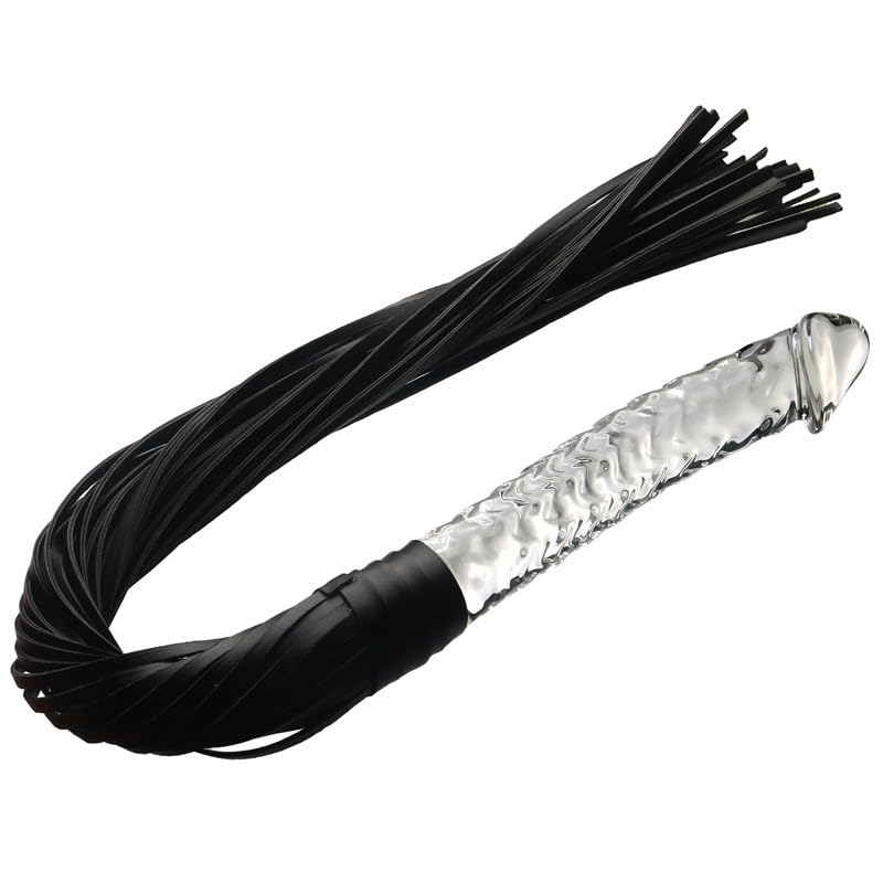 Premium BDSM Leather Whip & Glass Dildo Set - Sensual Fetish Toy for Anal Play, Spanking & Adult Bondage - Perfect for Couples Play, BDSM Scenes & Erotic Massage