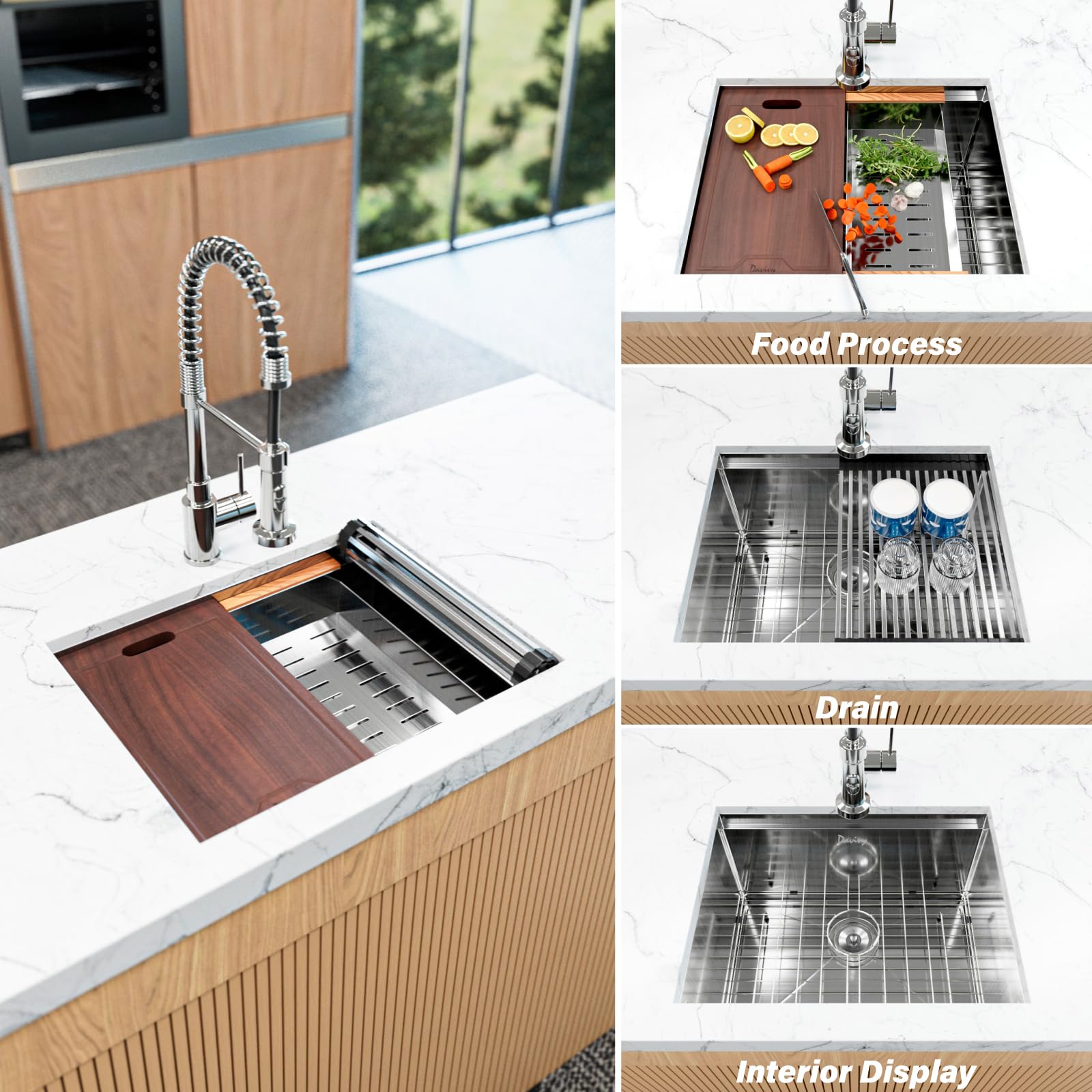 **Davivy 24 Inch Undermount Kitchen Sink - 16 Gauge Stainless Steel Single Bowl Workstation Sink (24x18.5 Inch) with Single Track & Accessories - Perfect for Home, Restaurant & Commercial Kitchens**