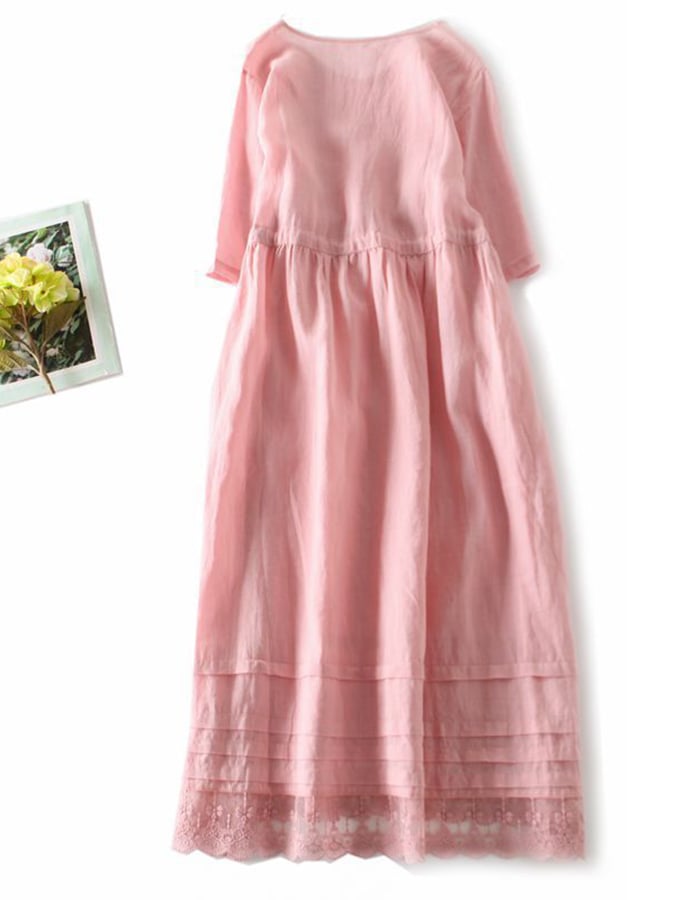 Lovevop Women's Cotton Linen Summer Dress - Lace-Up Round Neck Loose Fit Boho Maxi Dress for Beach, Vacation & Casual Wear