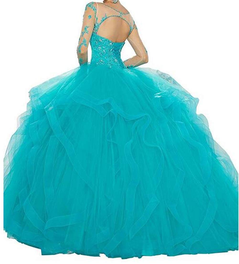 Elegant Champagne Sweet 16 Quinceanera Dress with Sheer Neck & Beaded Details - Long Sleeve Prom Ball Gown for Women | Perfect for Quinceañeras, Debutante Balls & Formal Evening Events