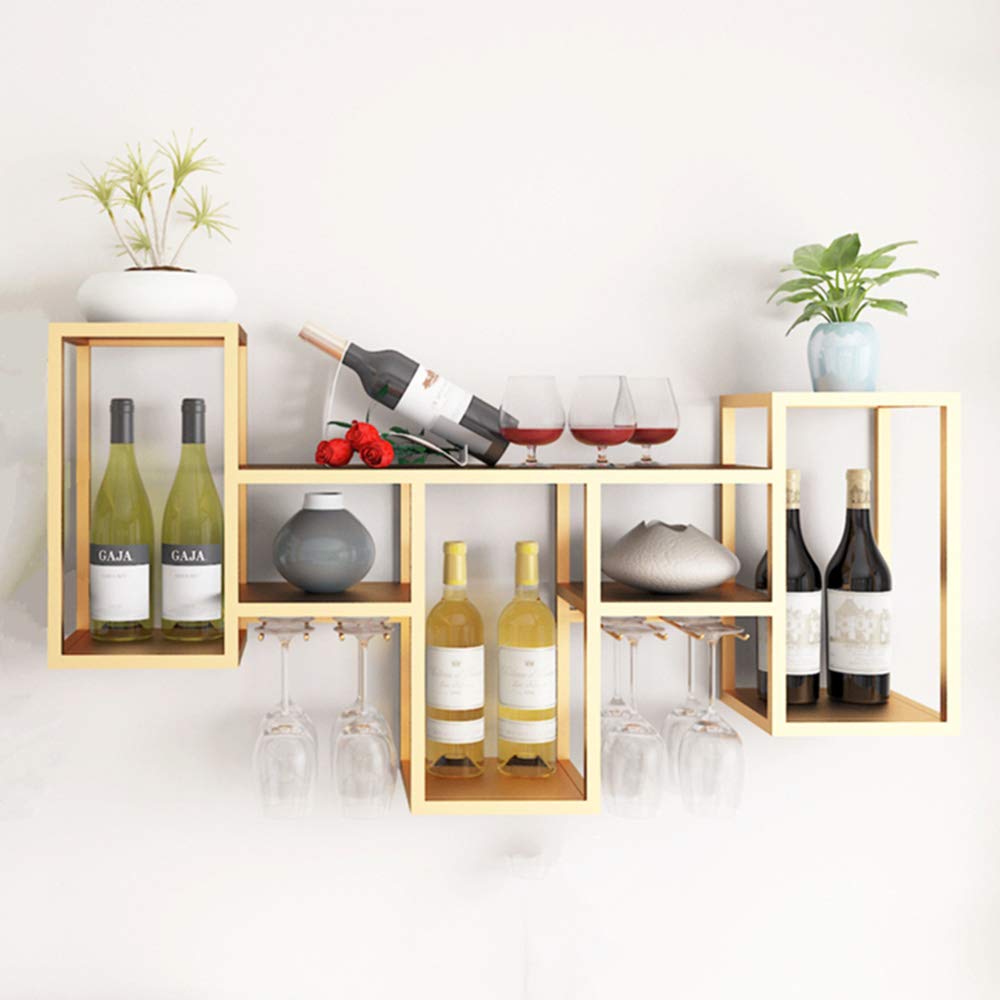 Stylish Gold Metal Wall-Mounted Wine Rack with Goblet Holder - Modern Home Bar Decor for Kitchen, Dining Room & Living Room - Perfect for Wine Storage & Display in Small Spaces