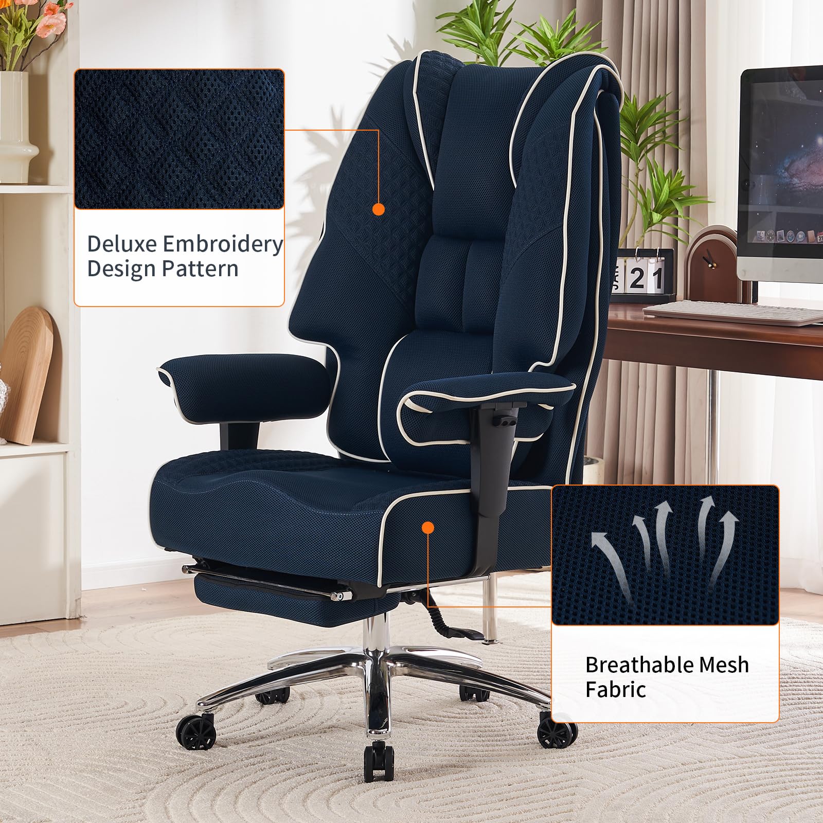 Heavy Duty Big and Tall Office Chair 400lbs Capacity - Wide Seat Ergonomic Executive Chair with Adjustable Lumbar Support & Footrest - Breathable Mesh High Back for Back Pain Relief (Dark Blue) - Perfect for Home Office, Gaming, and Long Work Sessions