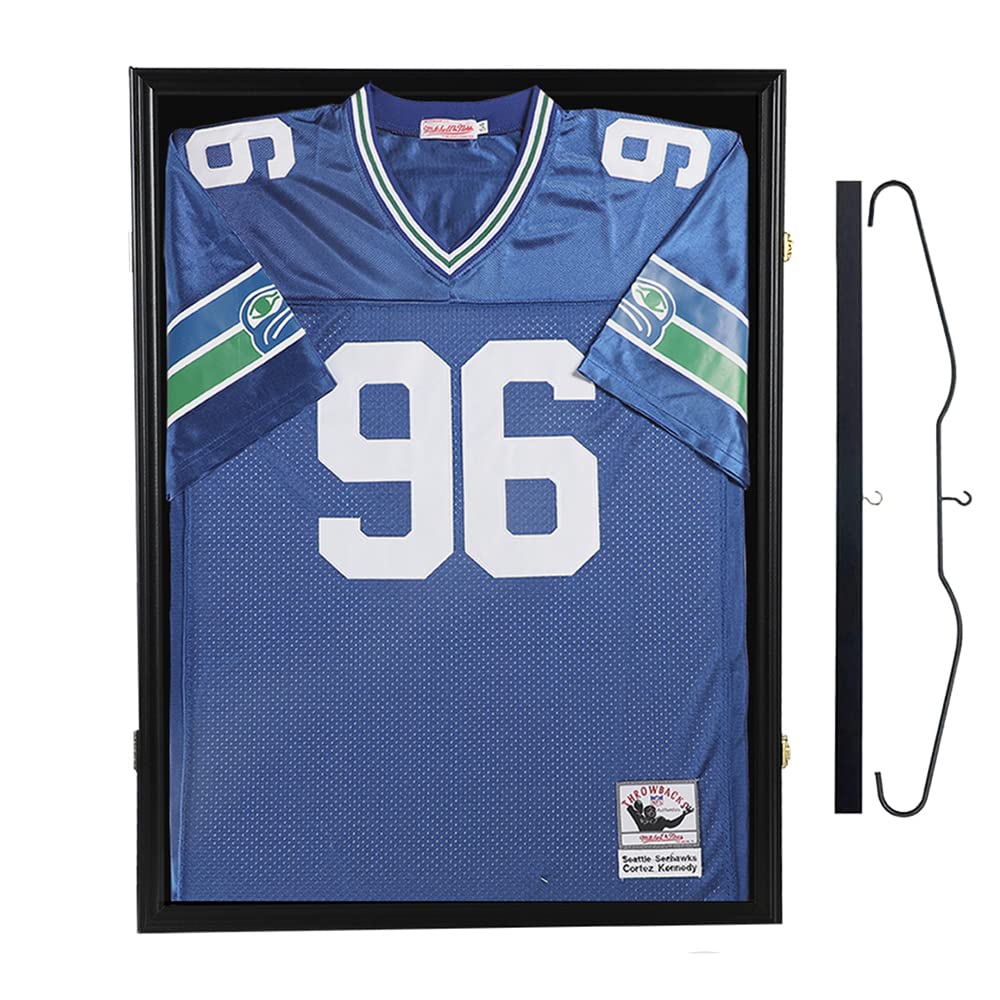Large Lockable Jersey Display Frame with UV Protection Acrylic - Shadow Box Case for Baseball, Basketball, Football, Soccer & Hockey Jerseys - Includes Hanger & Wall Mount Options | Perfect for Sports Memorabilia, Fan Cave Decor & Man Cave Wall Display