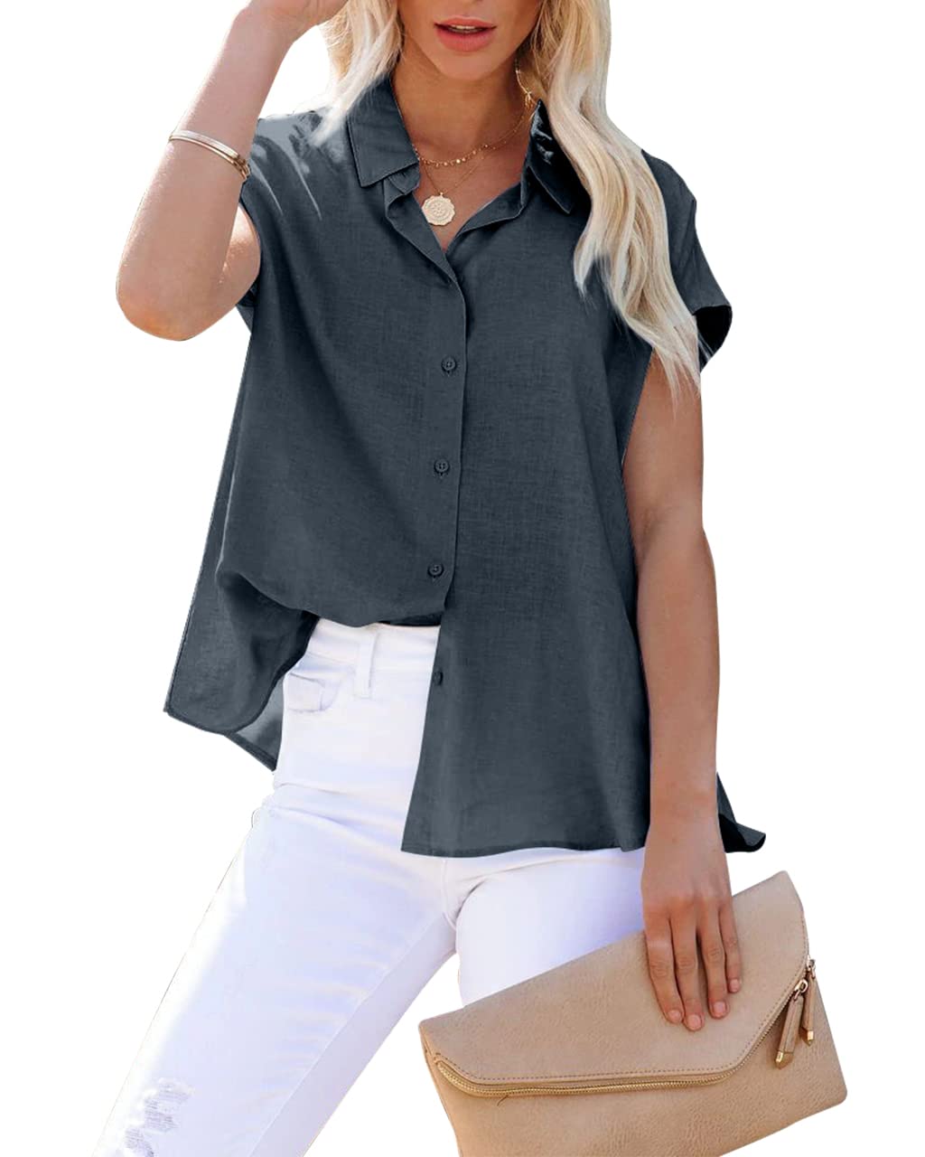 Pausus Women's Linen Button Down Shirts - Short Sleeve V-Neck Office Blouse & Casual Business Top - Slim Fit Shirt for Work, Travel & Summer Outfits