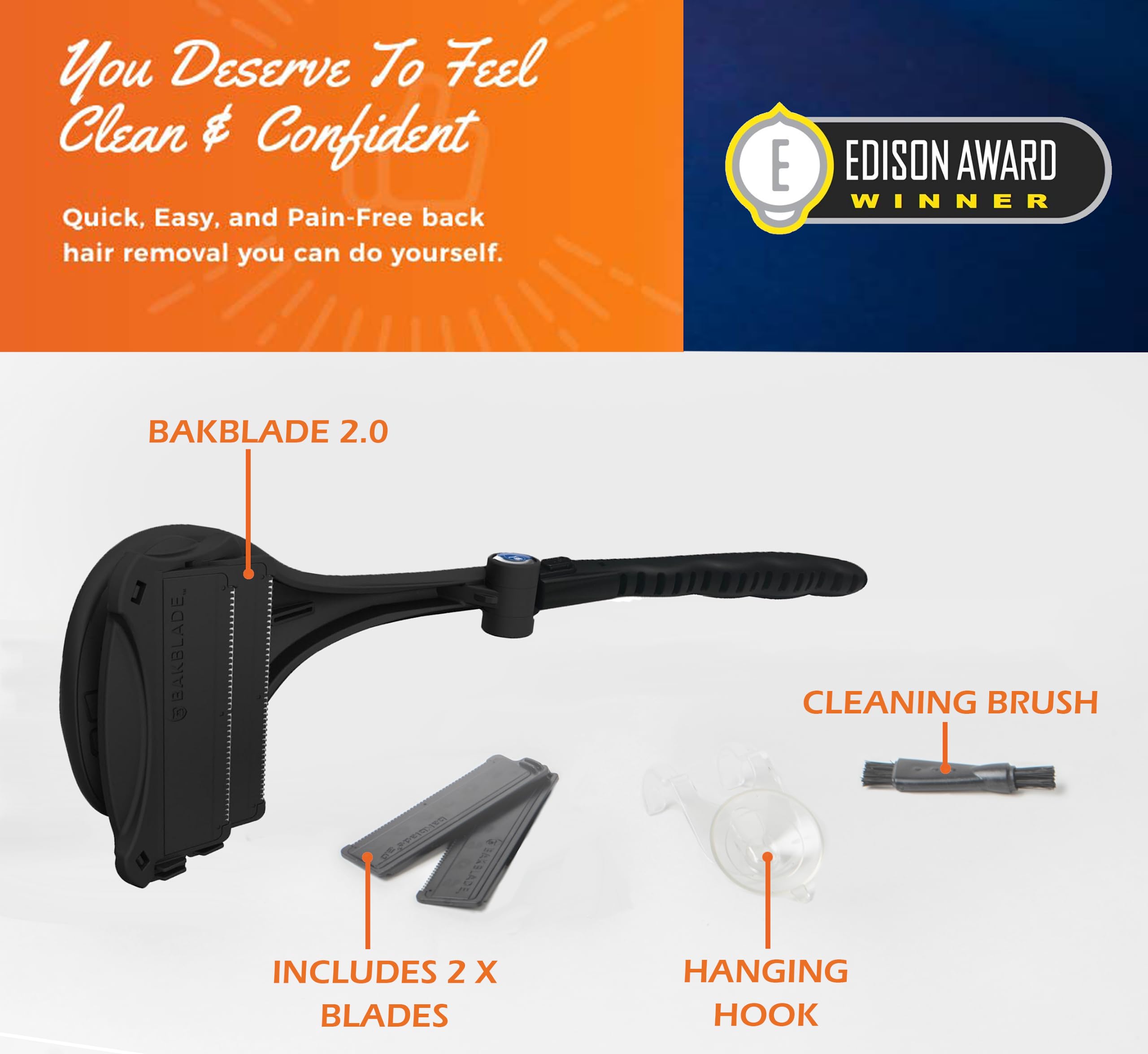 Bakblade 2.0 Men's Back Hair Shaver - DIY Body Groomer with Safety Blade Technology, Ergonomic Handle for Wet & Dry Shaving (Includes Extra Blades) - Perfect for At-Home Grooming, Back Hair Removal & Smooth Skin Care