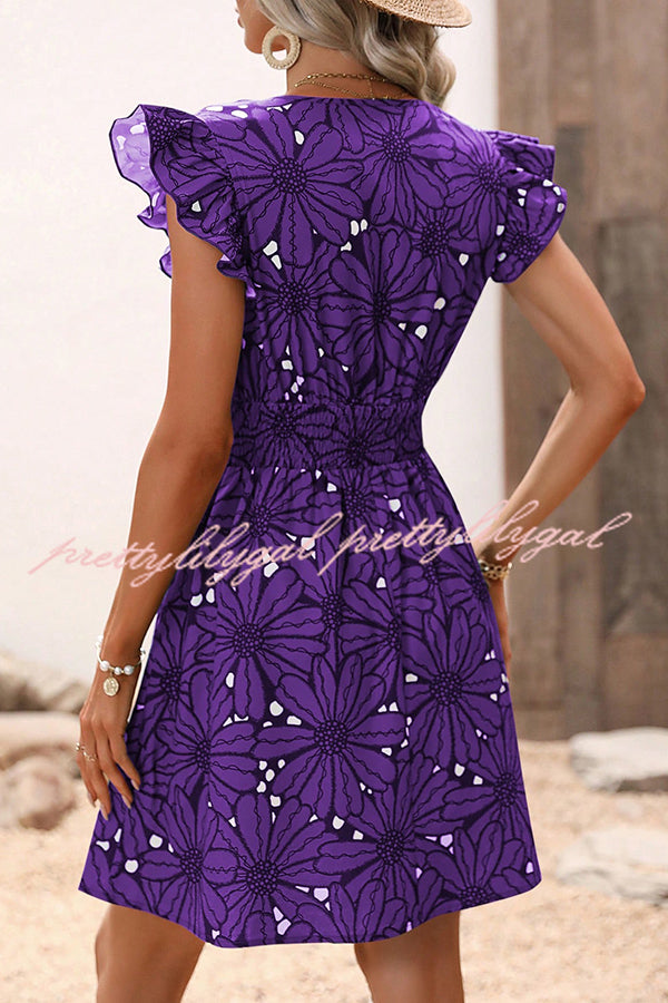 Floral Print Ruffle Sleeve Mini Dress with Elastic Waist - Perfect for Weekend Outings, Brunch Dates & Summer Vacations
