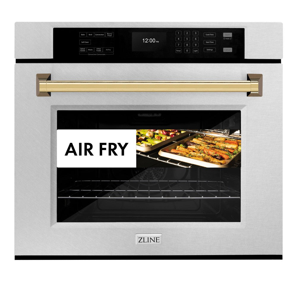 ZLINE 30 Inch Professional True Convection Single Wall Oven with Air Fry & Self-Clean - Satin Stainless Steel with Polished Gold Handle (WASSZ 30 G) | Perfect for Home Chefs & Modern Kitchens