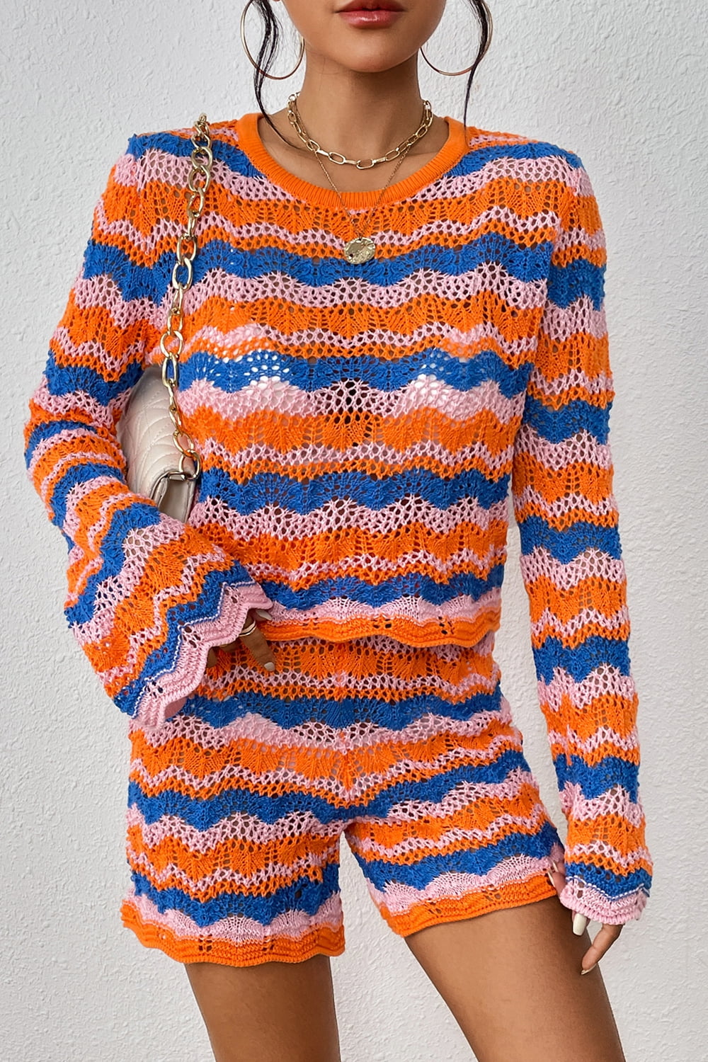 Stylish Striped Sweater & Knit Shorts Set for Women - Cozy Fall Outfit for Casual Wear, Weekend Brunch & Coffee Dates