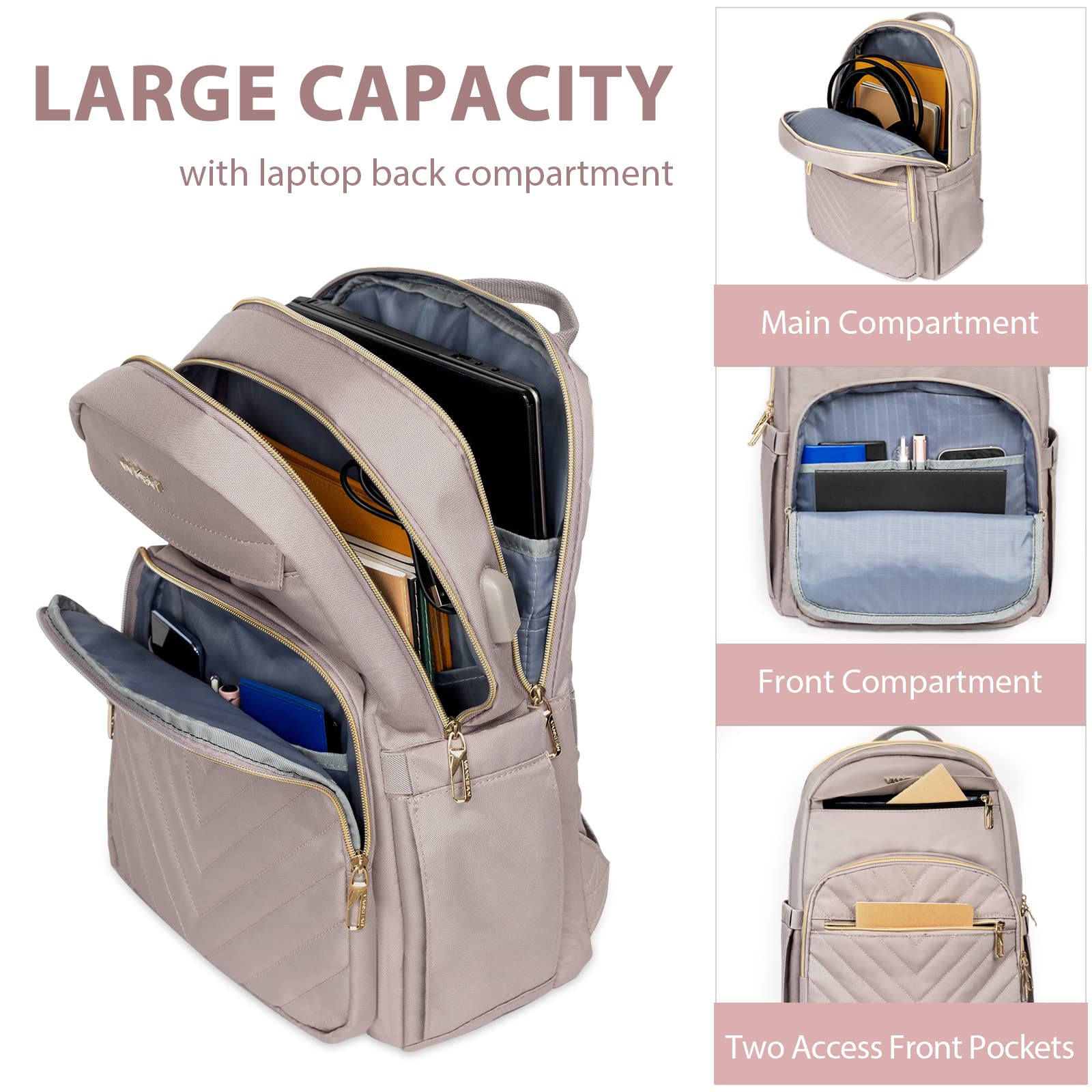 VANKEAN 15.6 Inch Laptop Backpack for Women - USB Charging Port, Waterproof Travel Bag, Stylish Work Backpack for College & Business (Light Dusty Pink) - Perfect for Commuting, Office Work & School Use