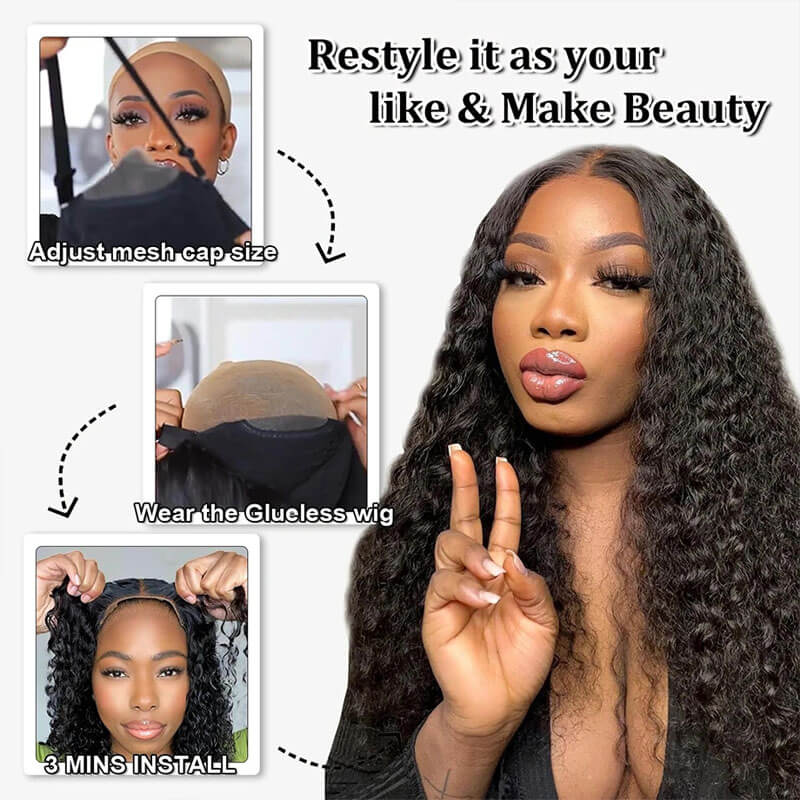 Eullair Glueless Curly Human Hair Wig 6x4 5x5 Lace Closure Wig - Pre Cut Lace, Pre Plucked Hairline, Beginner Friendly, 30s Quick Install - Perfect for Daily Wear, Parties & Cosplay