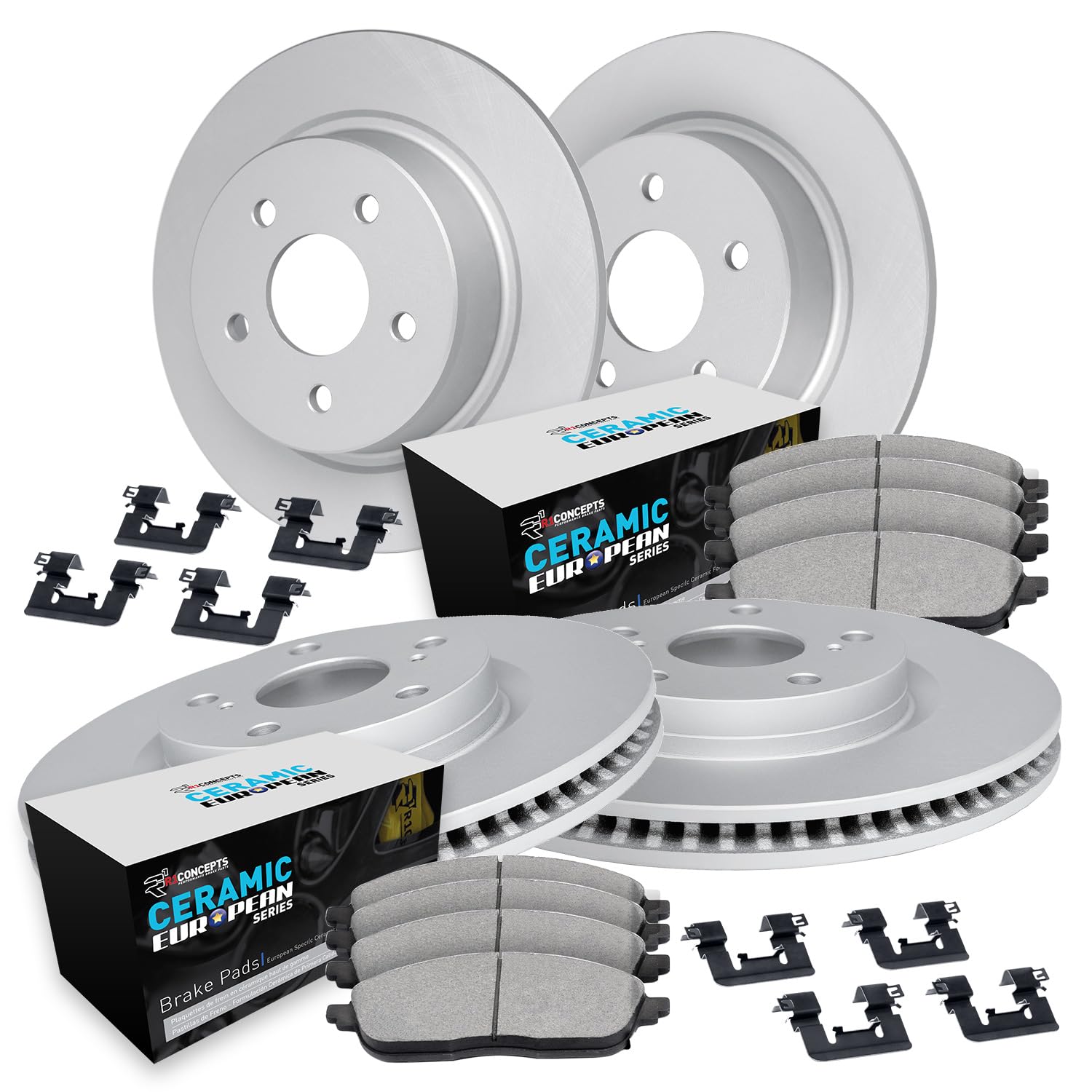 R1 Concepts Premium Front & Rear Brake Kit with Euro Ceramic Pads & Rotors - Complete Hardware Included - Fits 2015-2021 Audi A3 Quattro, A3 Sportback e-tron, Q2 - Perfect for Daily Driving & Performance Upgrades