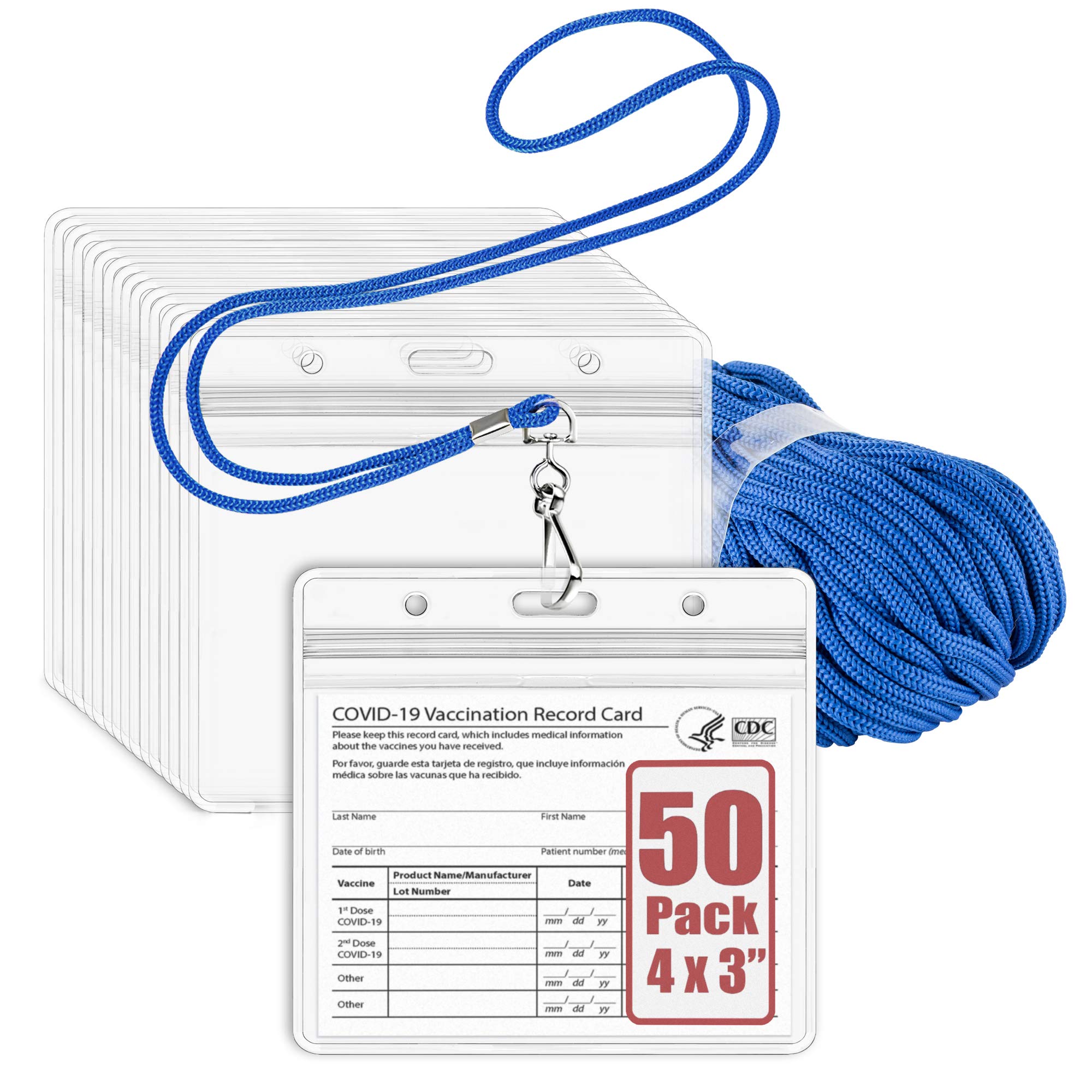 MIFFLIN Lanyard with Clear Horizontal Card Protector - 50 Pack (Blue, 4x3 Inch) - ID Badge Holder & Name Tag Lanyard Set for Work, Events, and Conferences