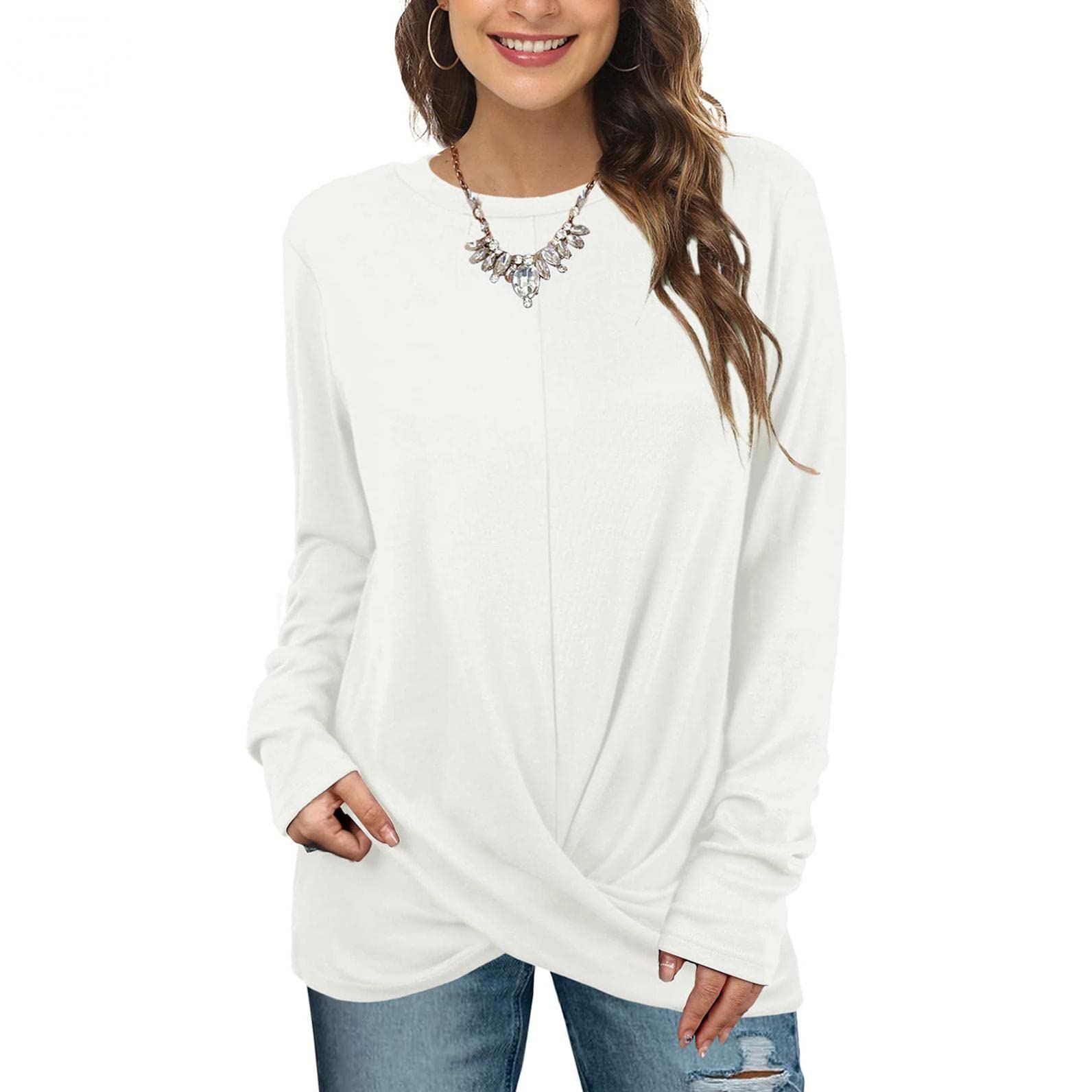 Women's Casual Long Sleeve Solid Color T-Shirts - Loose Fit O-Neck Twist Knot Tunic Blouses for Everyday Wear | Office, Dating & Weekend Outfits