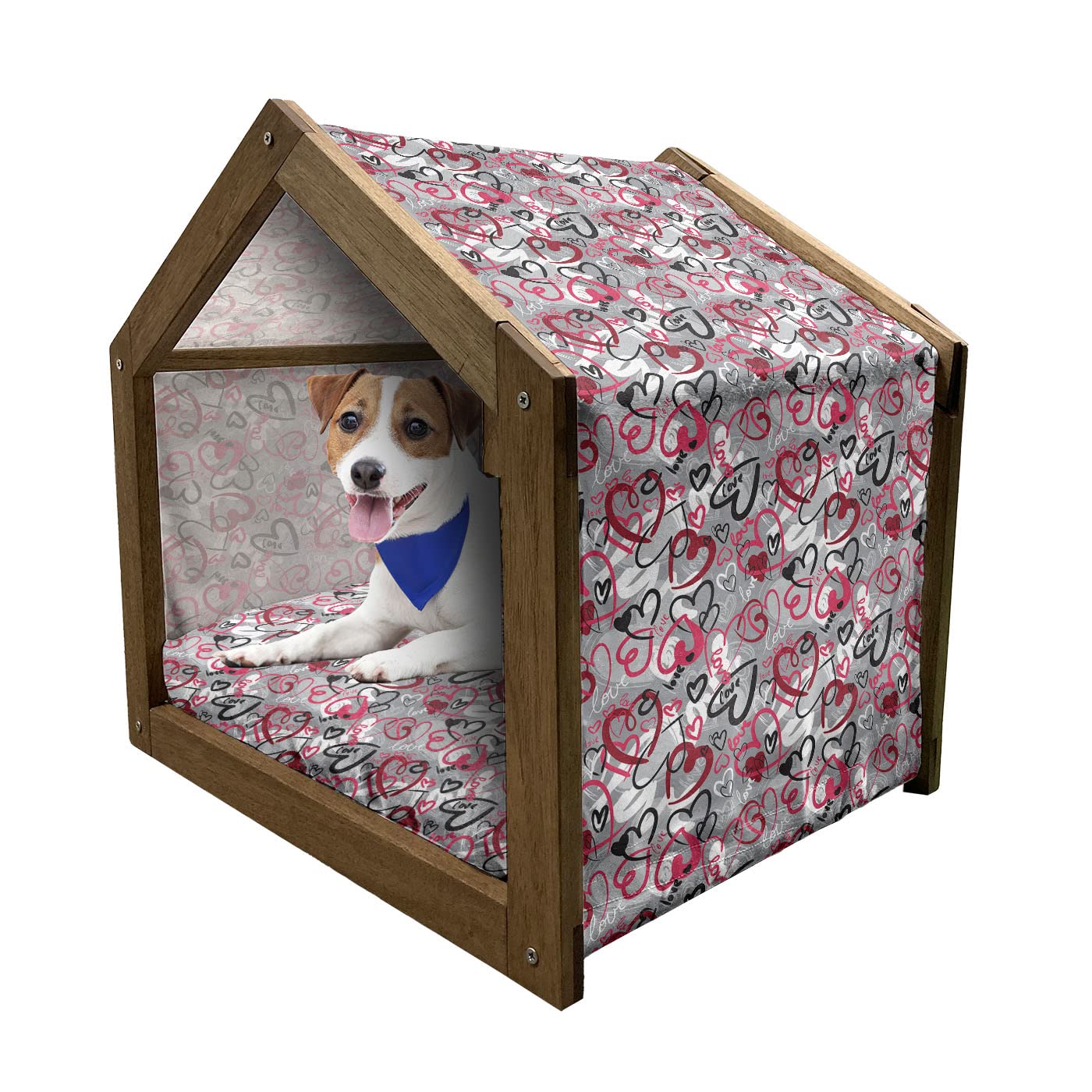 Ambesonne Wooden Pet House for Dogs - Hand-Painted Hearts & Love Words Design, Large Portable Indoor/Outdoor Dog Kennel with Pillow & Cover - Perfect for Valentine's Day Gifts, Home Decor & Backyard Use