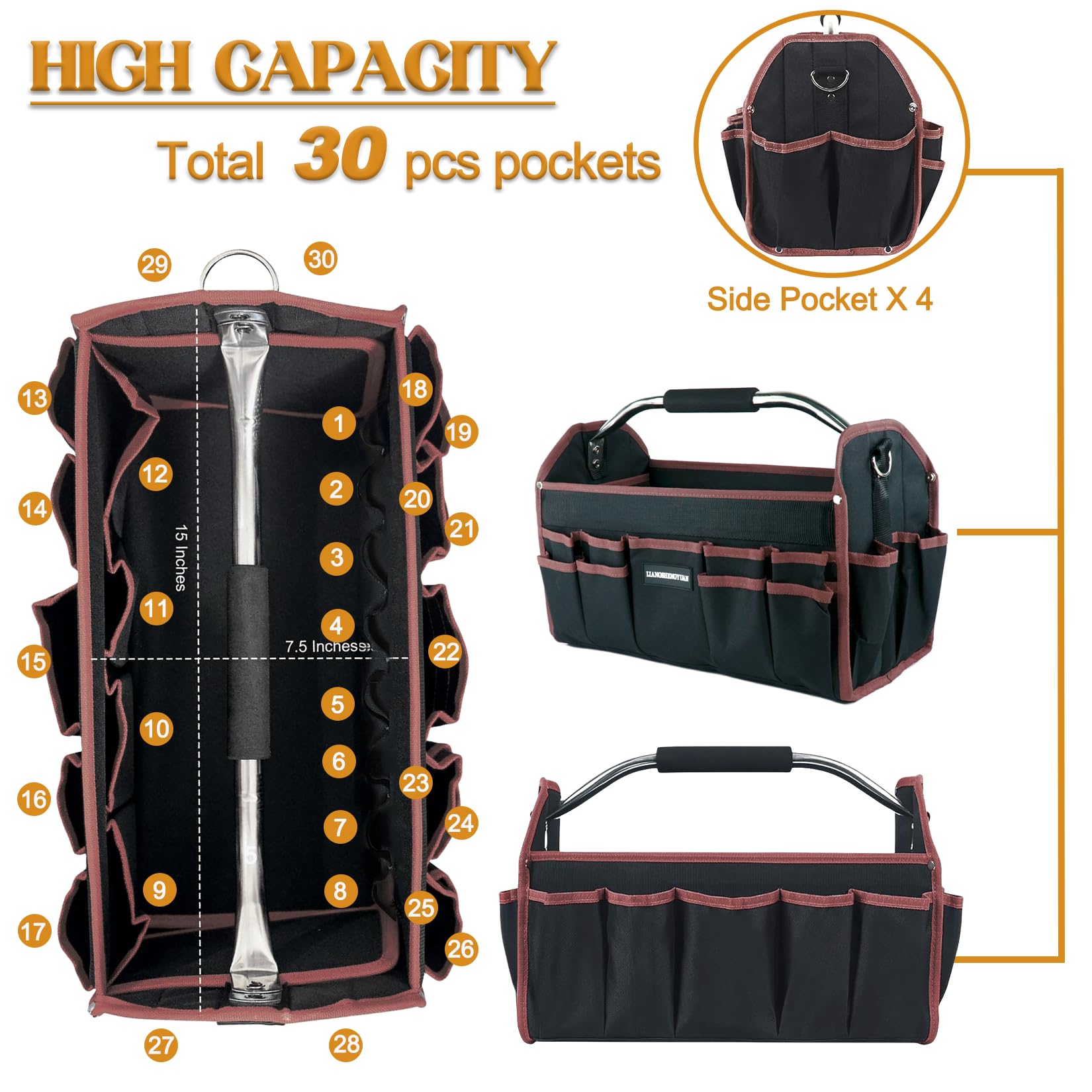 16-Inch Heavy Duty Open Top Tool Tote Bag with 30 Pockets - Waterproof Electrician Tool Carrier for Men - Foldable Wide Mouth Design with Stainless Steel Handle & Removable Shoulder Strap - Perfect for Construction, HVAC Work and DIY Home Improvement Projects