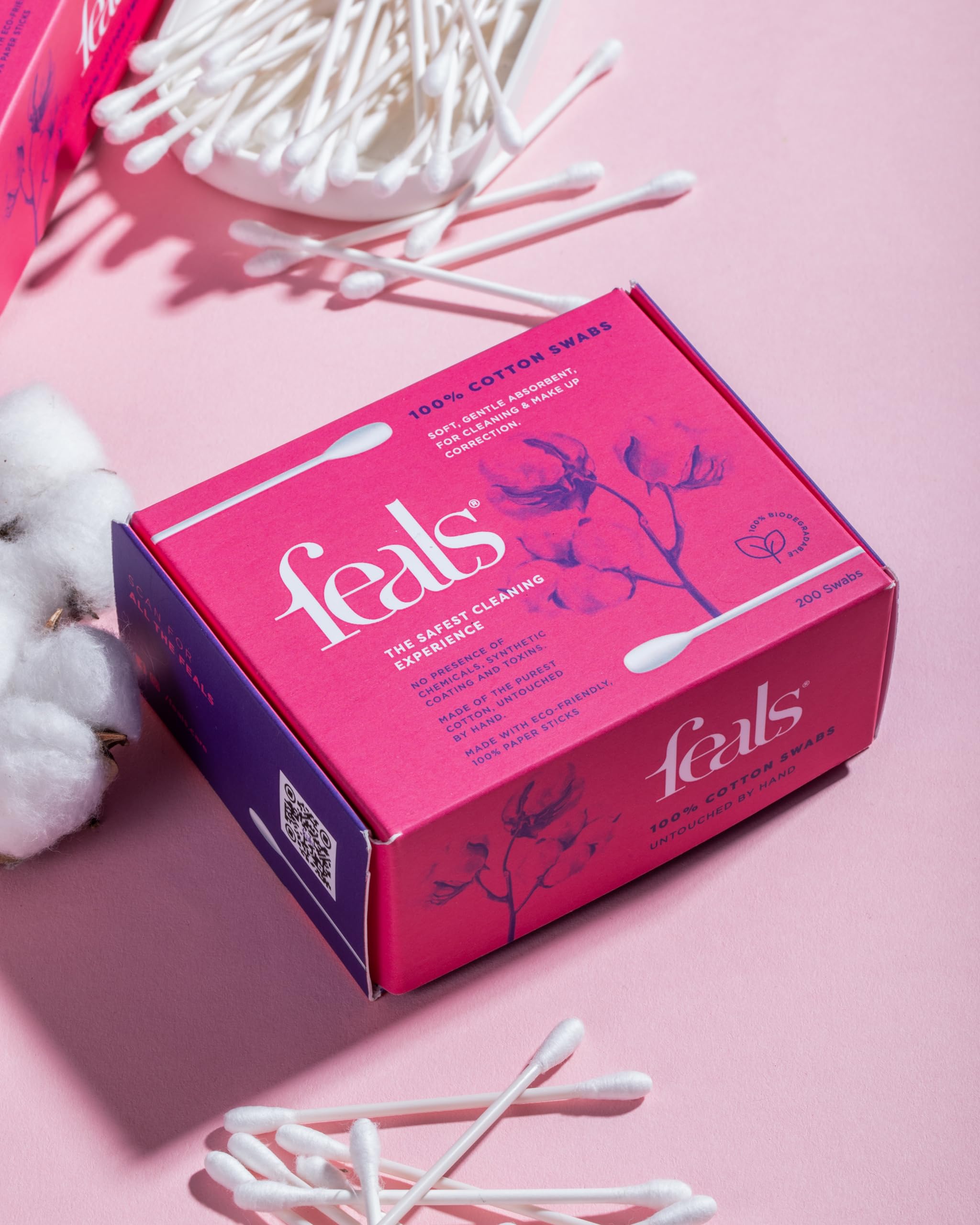 FEALS Cotton Swabs 400 Count (Pack of 2) - 200 Double-Tipped Cotton Buds for Makeup, Cleaning, First Aid & Crafts | Gentle & Safe for Ears, Nails & Baby Care