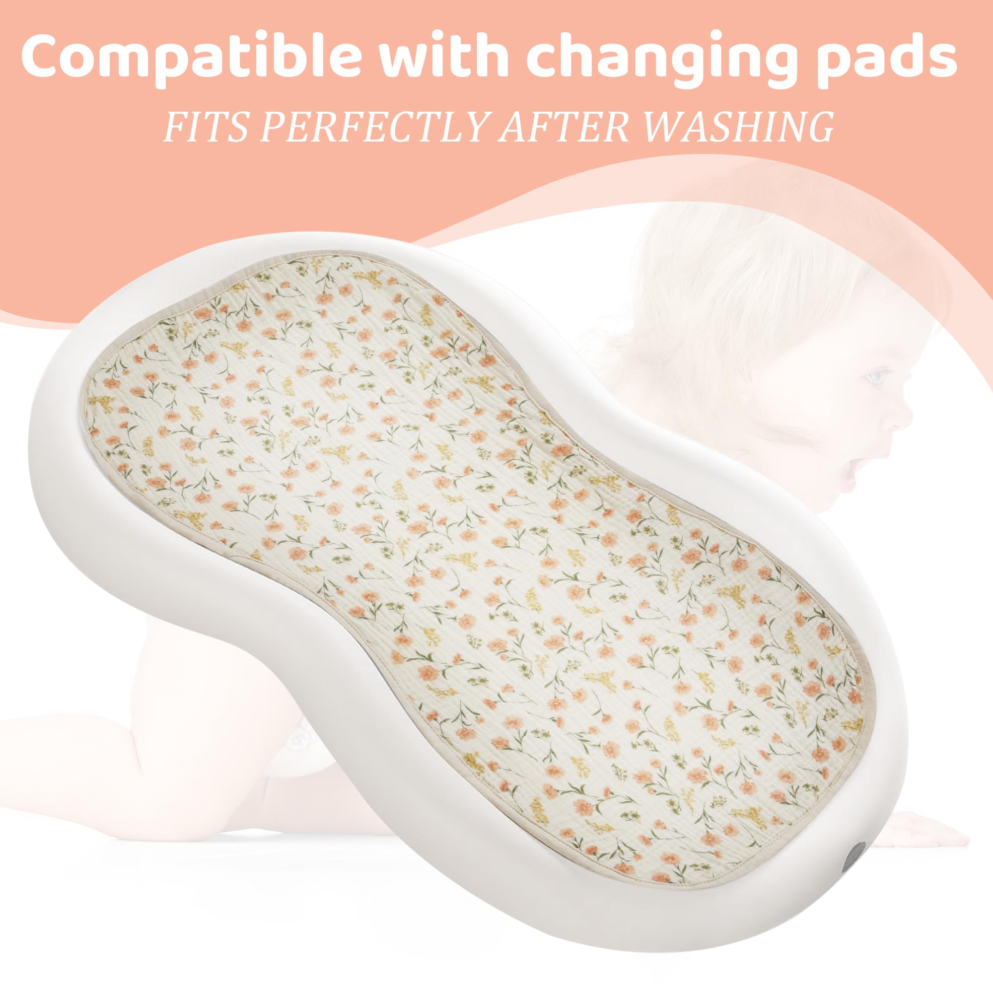 HOMBYS Washable Waterproof Baby Changing Pad Liner - 100% Cotton Muslin Changing Table Cover (3 Pack, Cream White/Pink/Floral) for Nursery, Diaper Bag & Travel Use