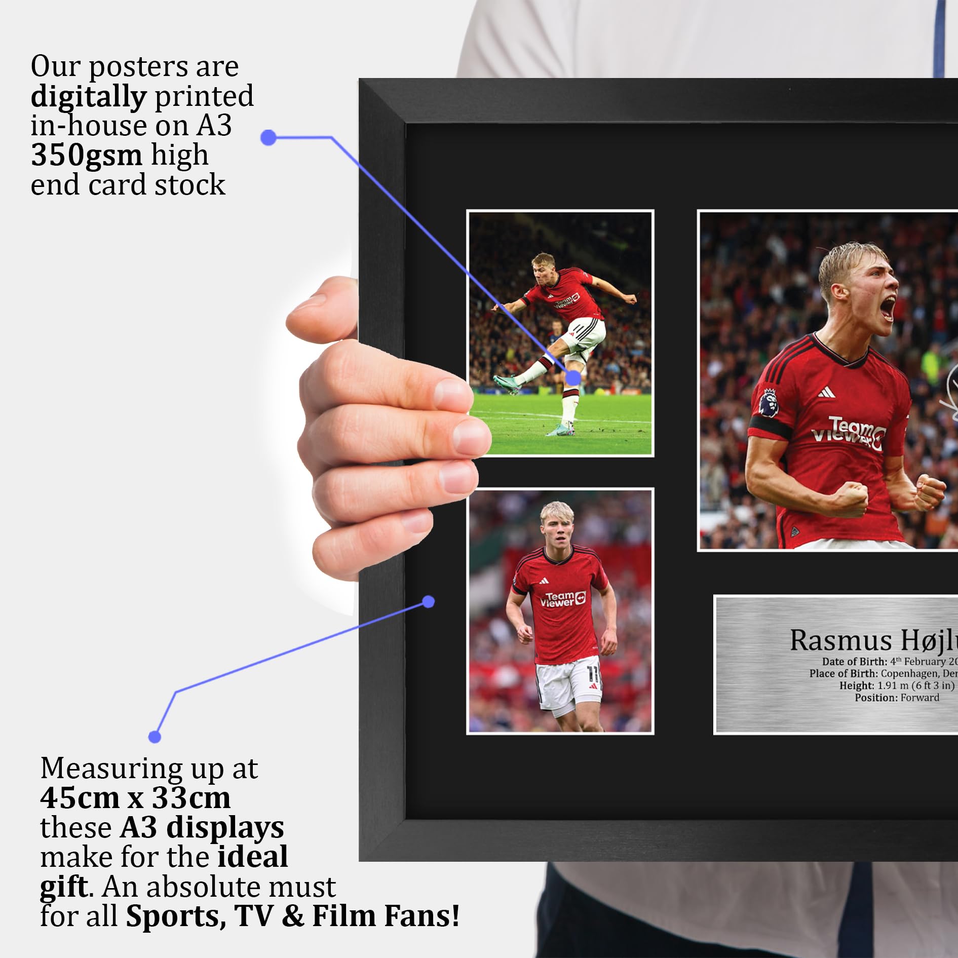 Rasmus Hojlund Signed Autograph Photo - 16x12 Inch Framed Soccer Memorabilia for Man Utd Fans - Perfect for Home Decor, Office Display & Gift for Football Supporters