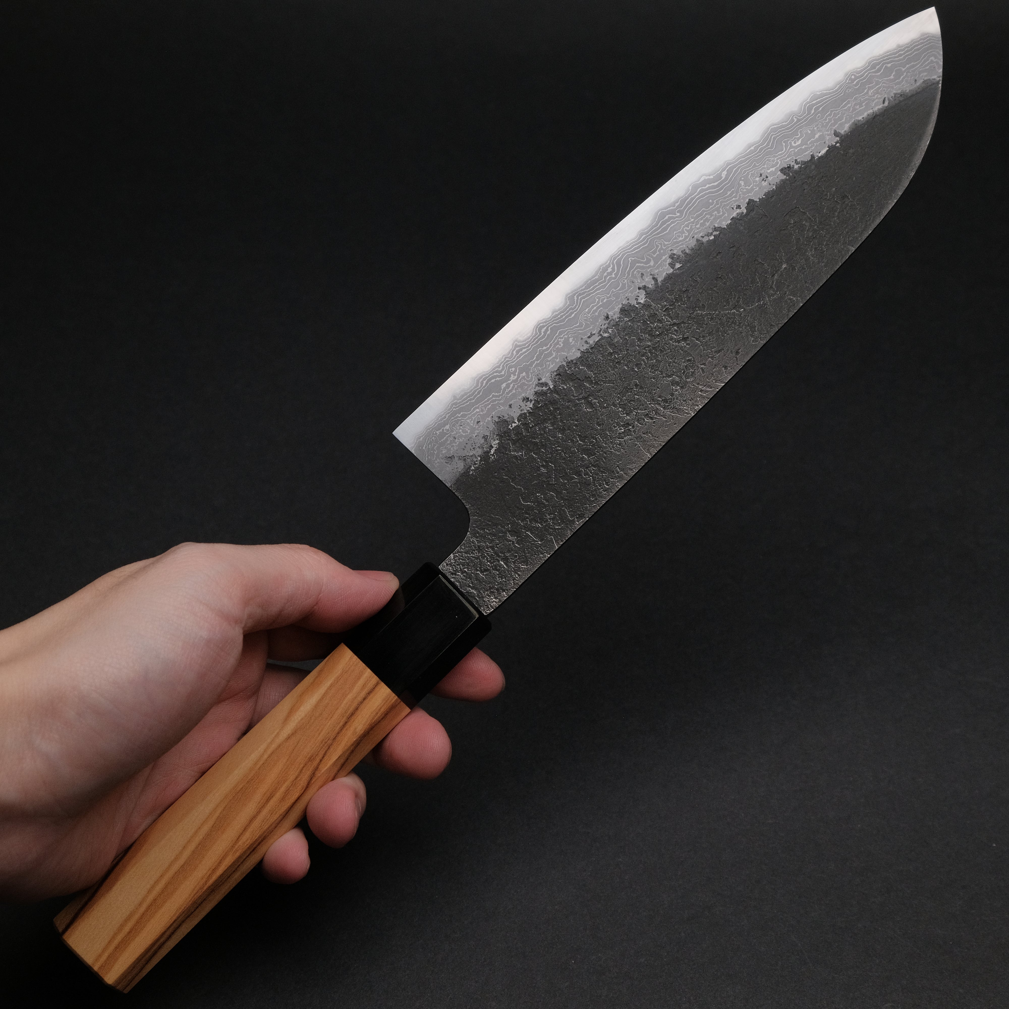 Premium Ajikataya White #2 Nashiji Damascus Santoku Knife 180mm - Olive Wood & Buffalo Horn Handle (#51) - Perfect for Sushi, Vegetables & Meat Cutting - Japanese Chef's Kitchen Essential