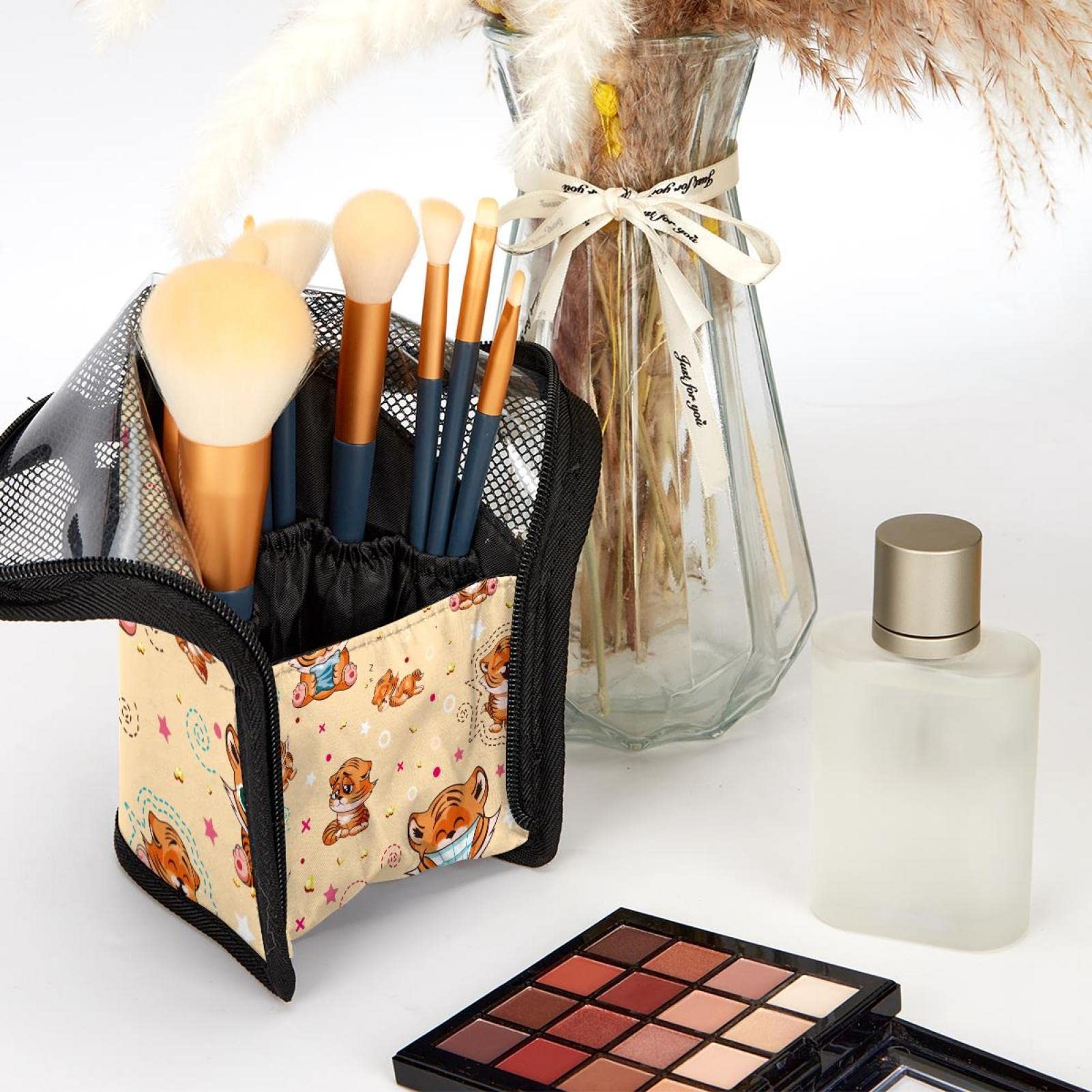 Floral Happy Tiger Makeup Brush Organizer Bag with 12 Brushes - Portable Makeup Brush Holder Case for Travel & Home Storage