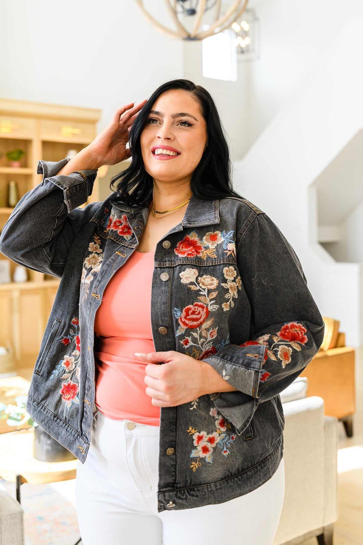 Stylish Floral Embroidered Denim Jacket for Women - Trendy Spring & Fall Outerwear for Casual Outings & Date Nights