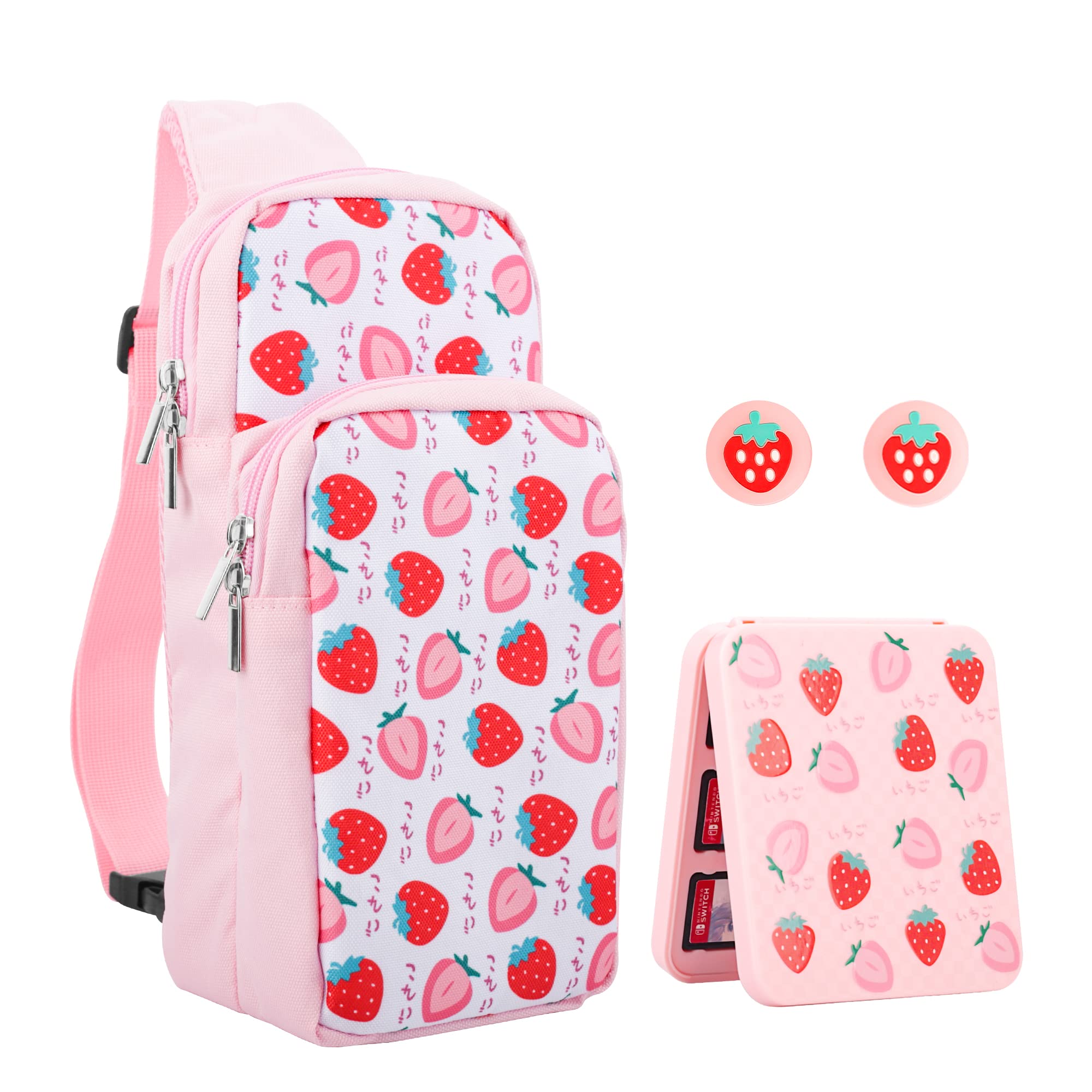 RHOTALL Pink Travel Bag for Nintendo Switch/Lite/OLED - Large Capacity Portable Carrying Case with 12 Game Slots & Thumb Grip Caps (Strawberry) - Perfect for Gaming On-The-Go, Travel Accessories Storage & Shoulder Backpack