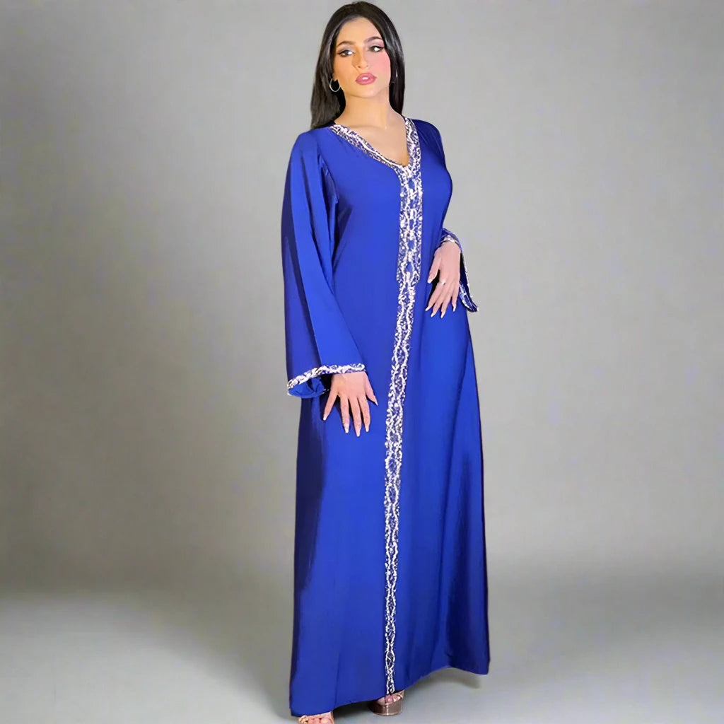 Elegant Women's Kaftan Jalabiya Dress with Hotfix Rhinestones - Perfect for Parties, Weddings & Beach Vacations