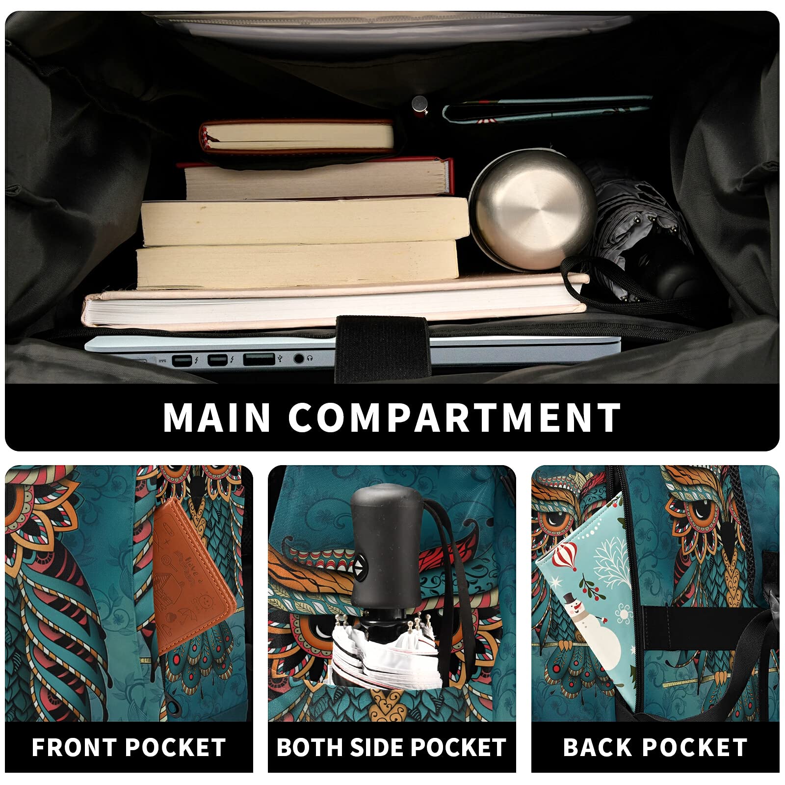 ALAZA Green Owl Print Patrick Boho Ethnic Large Waterproof Anti-Theft Roll Top Laptop Backpack for Women & Men - Fits 13-17.3 Inch Laptops - Perfect for Travel, Work & College