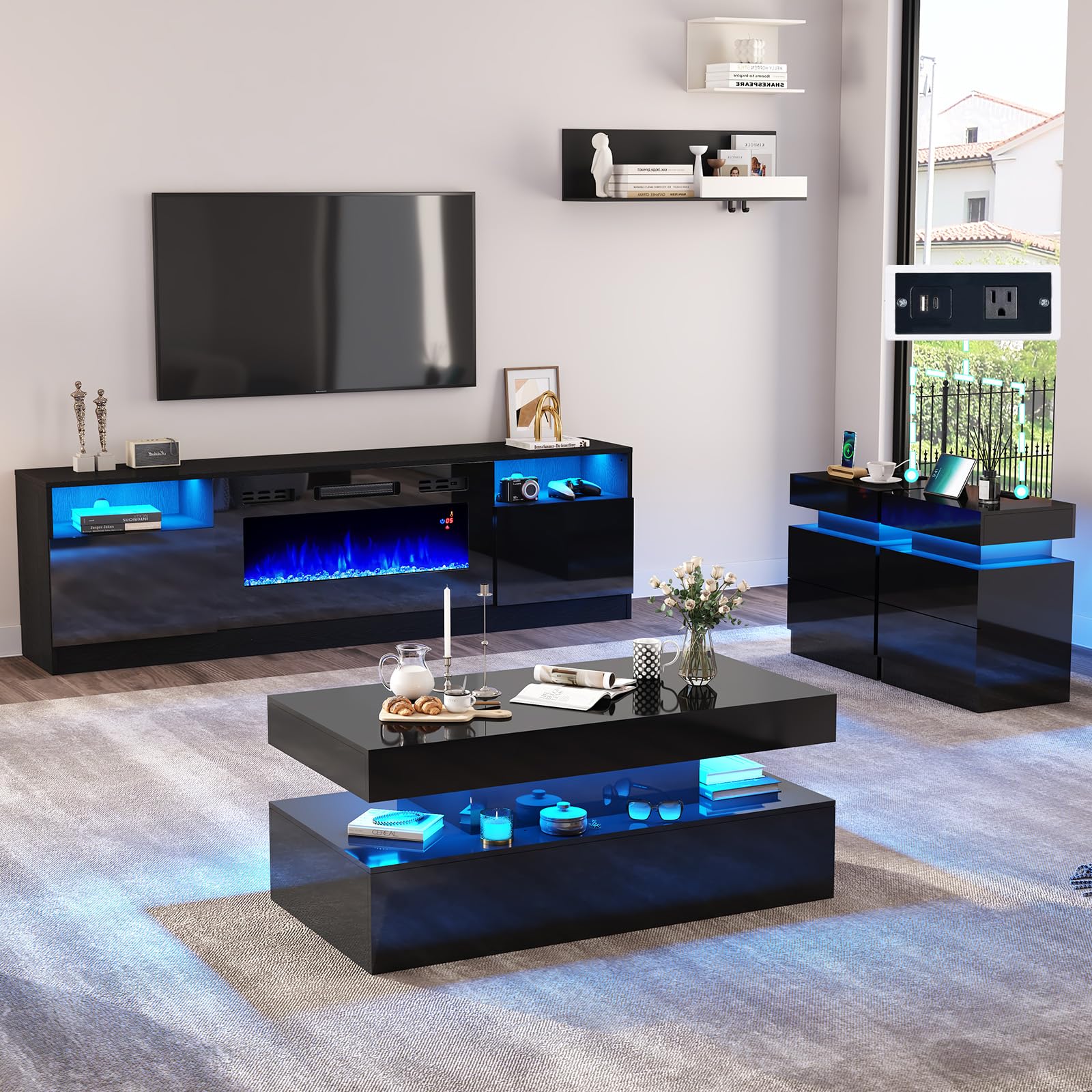 Amerlife 4-Piece Modern High Gloss Living Room Table Set - 70