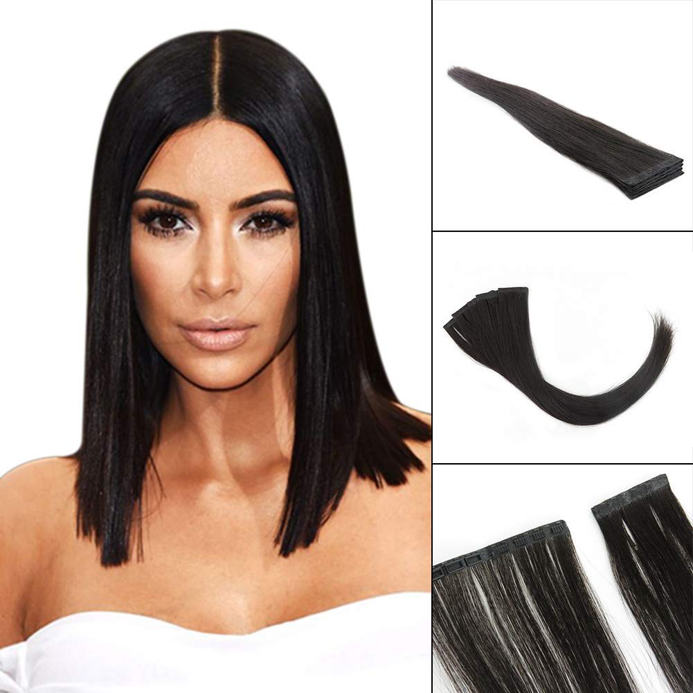 10 Pcs Dark Buckle Tape in Human Hair Extensions 20'' Natural Straight Highlighted Hair for Women (50g, T1b) - Perfect for Parties, Weddings & Daily Styling