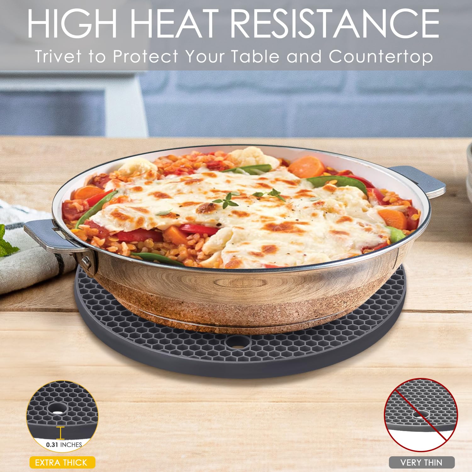 **4-Pack Silicone Trivet Mats - Heat Resistant Pot Holders for Hot Pans & Pots - Countertop Protectors for Tables, Kitchen Countertops, Spoon Rests & Large Coasters (2 Square + 2 Round Mats, Black & Gray) - Perfect for Cooking, Baking & Serving**
