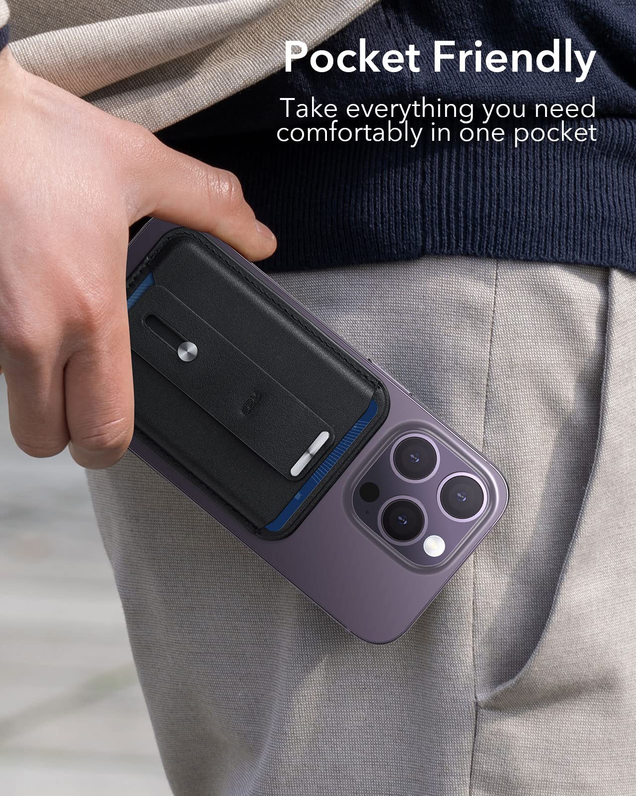 ESR Magnetic Wallet for iPhone 16/15/14/13/12 Series (Not for 13/12 Mini) - Slim 3-Card Holder with Vegan Leather & Secure-Grip Finger Loop | Compatible with MagSafe | Perfect for Everyday Carry, Travel & Contactless Payments (Black)