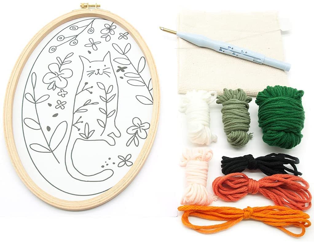 Punch Needle Embroidery Kit for Beginners - DIY Cat Cross Stitch Starter Set with Punch Needle, Yarn & Fabric Bag - Perfect for Home Decor, Gifts & Craft Projects