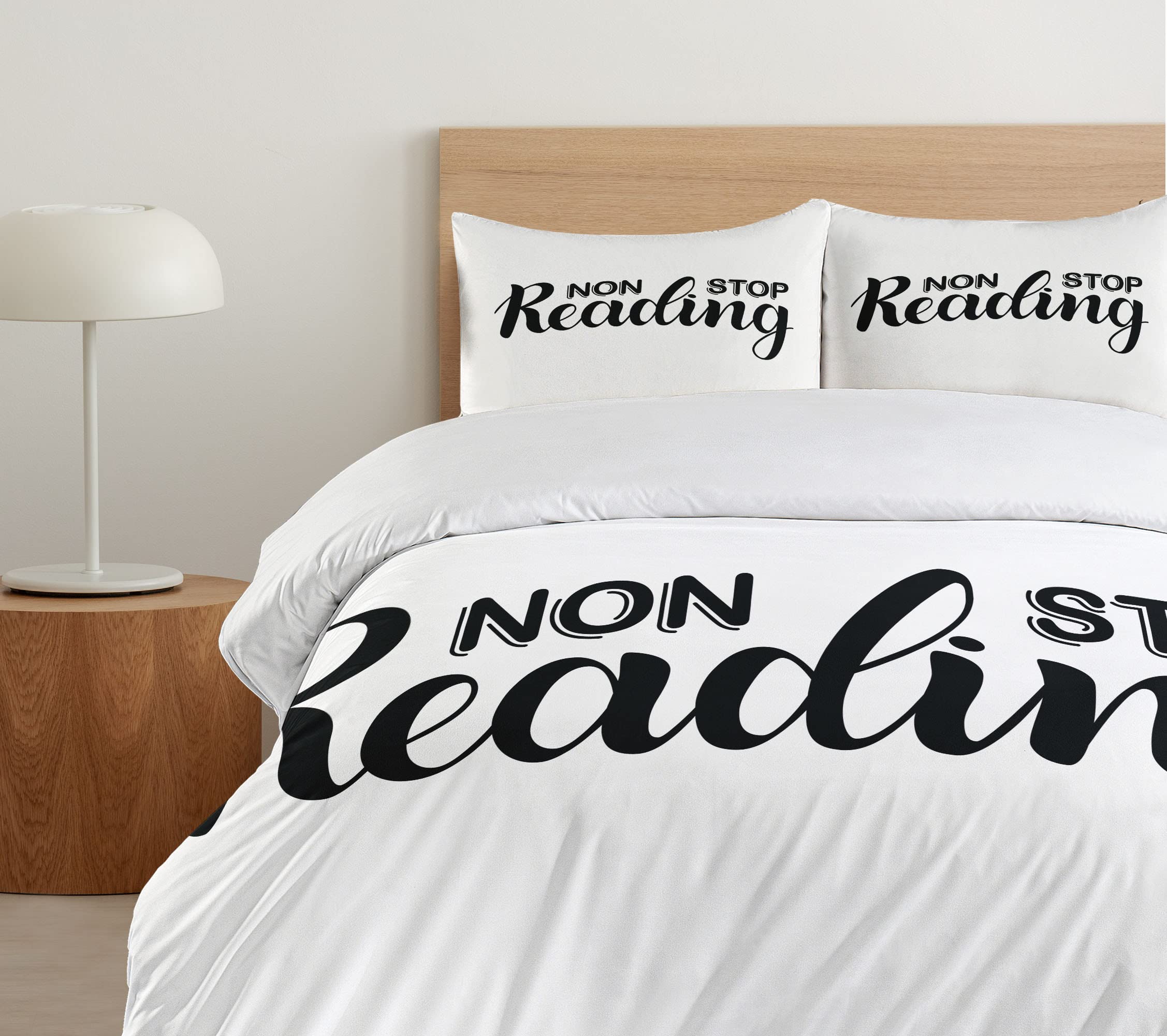 Ambesonne Book Lover Duvet Cover Set - Non Stop Reading Phrase with Hand-Painted Typography on White, 3-Piece King Size Bedding Set with 2 Pillow Shams (Black & White) - Perfect for Bookworms, Reading Nooks & Literary-Themed Bedrooms