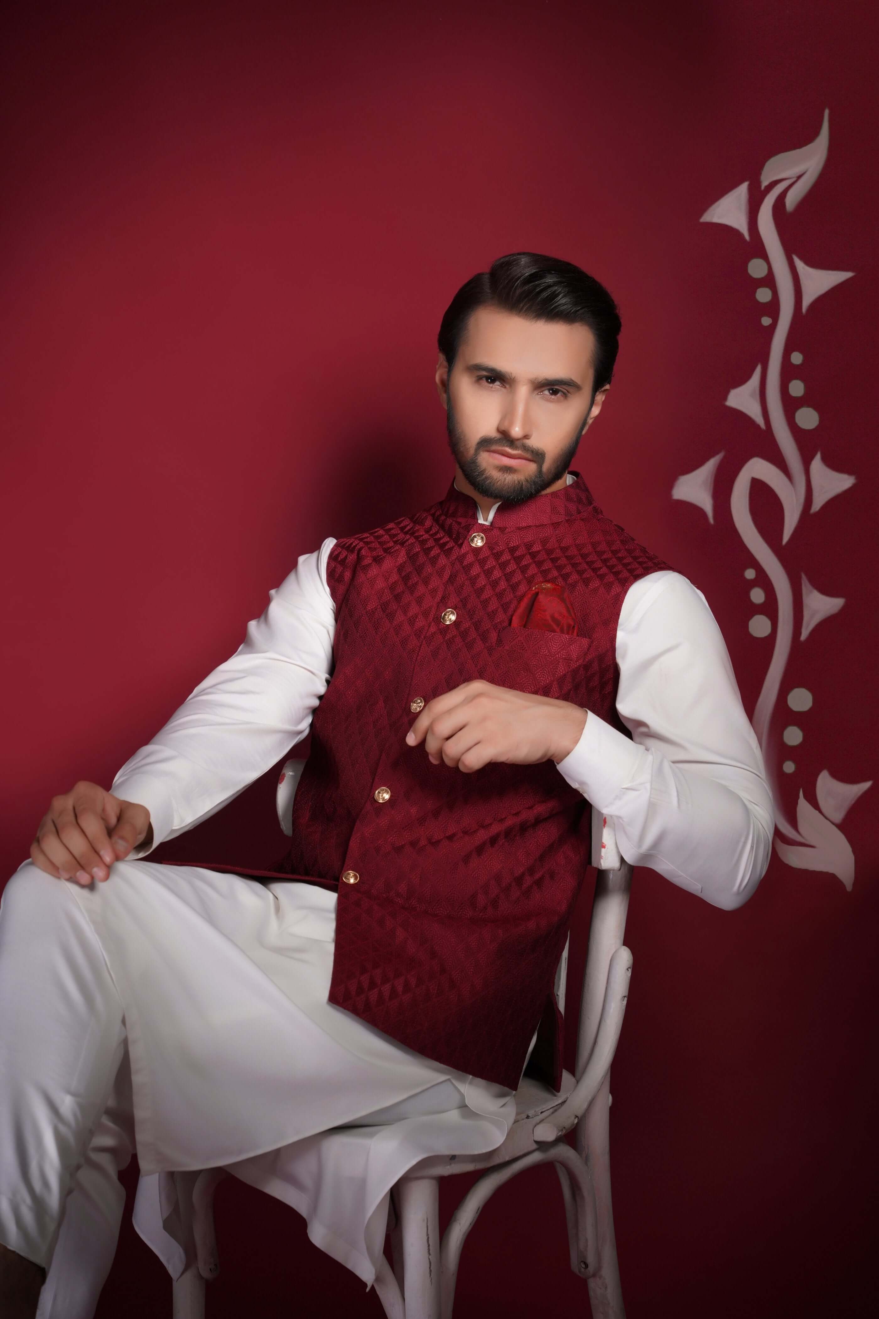 Deep Maroon Embroidered Textured Waistcoat Kurta Set for Men - Traditional Indian Ethnic Wear for Weddings, Festivals & Special Occasions