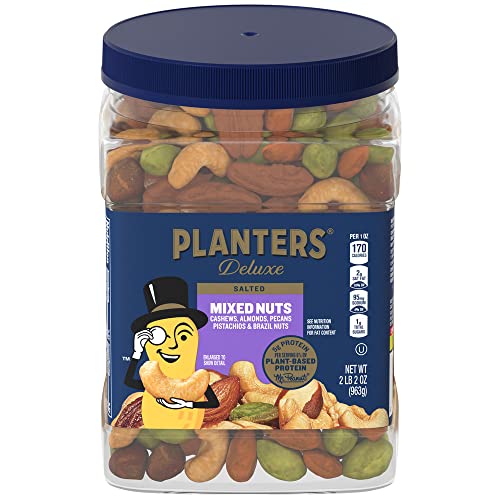PLANTERS Deluxe Salted Mixed Nuts - 34oz Canister | Premium Party Snacks & Healthy Plant-Based Protein Snack | Perfect for Office, Movie Night & Game Day Gatherings