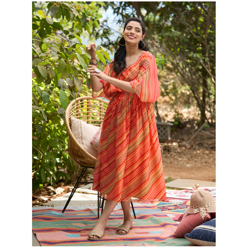 Stylish Orange Kimono Sleeve Kaftan Dress for Women - Boho Chic Beach Cover Up & Summer Evening Wear