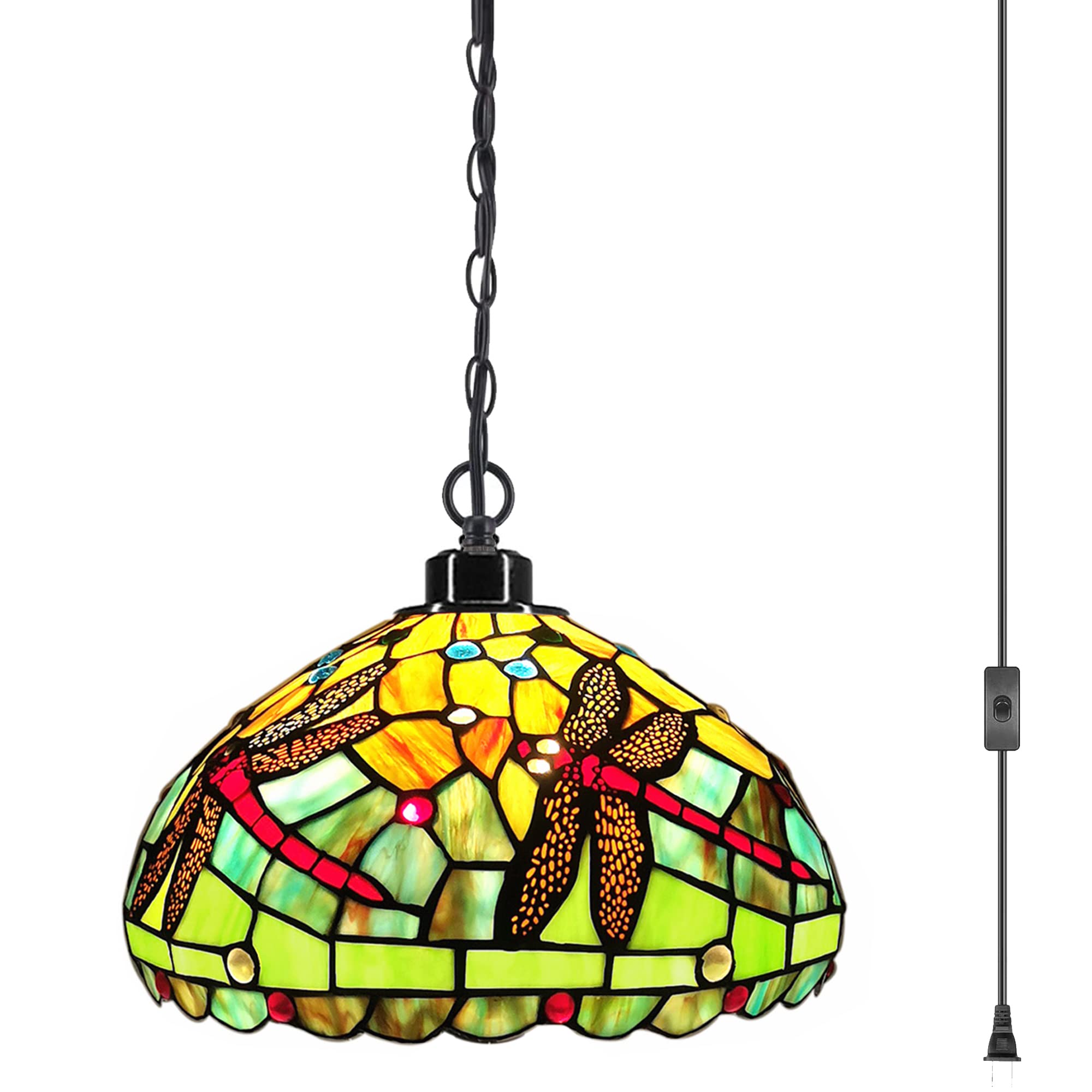 ZJART Tiffany Style Plug-in Pendant Light - 12 Inch Red Dragonfly Stained Glass Hanging Lamp Chandelier with 15 Ft Adjustable Cord & Switch - Perfect for Kitchen Island, Living Room & Dining Room Decor