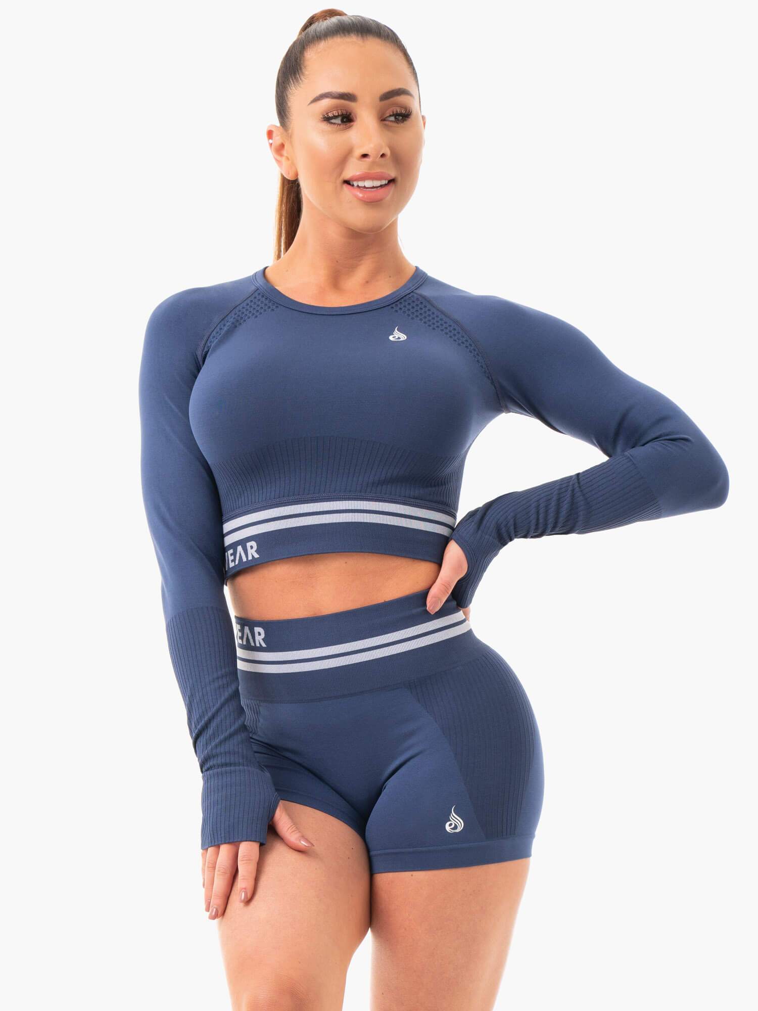 Freestyle Seamless Long Sleeve Crop Top for Women - Steel Blue Workout Shirt | Yoga, Gym & Running Activewear