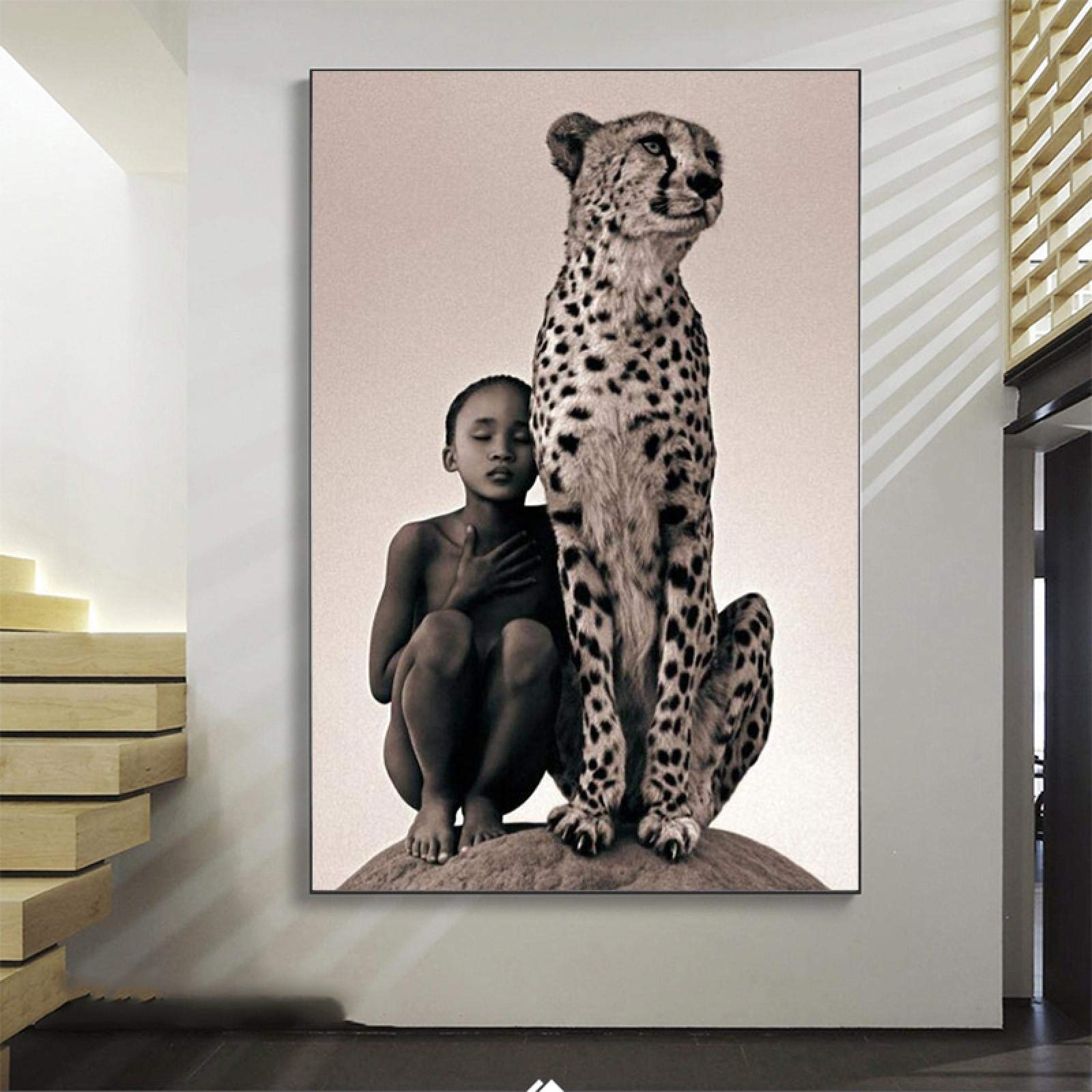 Wild African Animal Canvas Art - Boy and Cheetah Painting, 40x60cm (15.75x23.62in) Unframed Wall Decor for Living Room, Bedroom & Office | Safari Themed Home Decor | Perfect for Wildlife Lovers & Nature Inspired Interiors