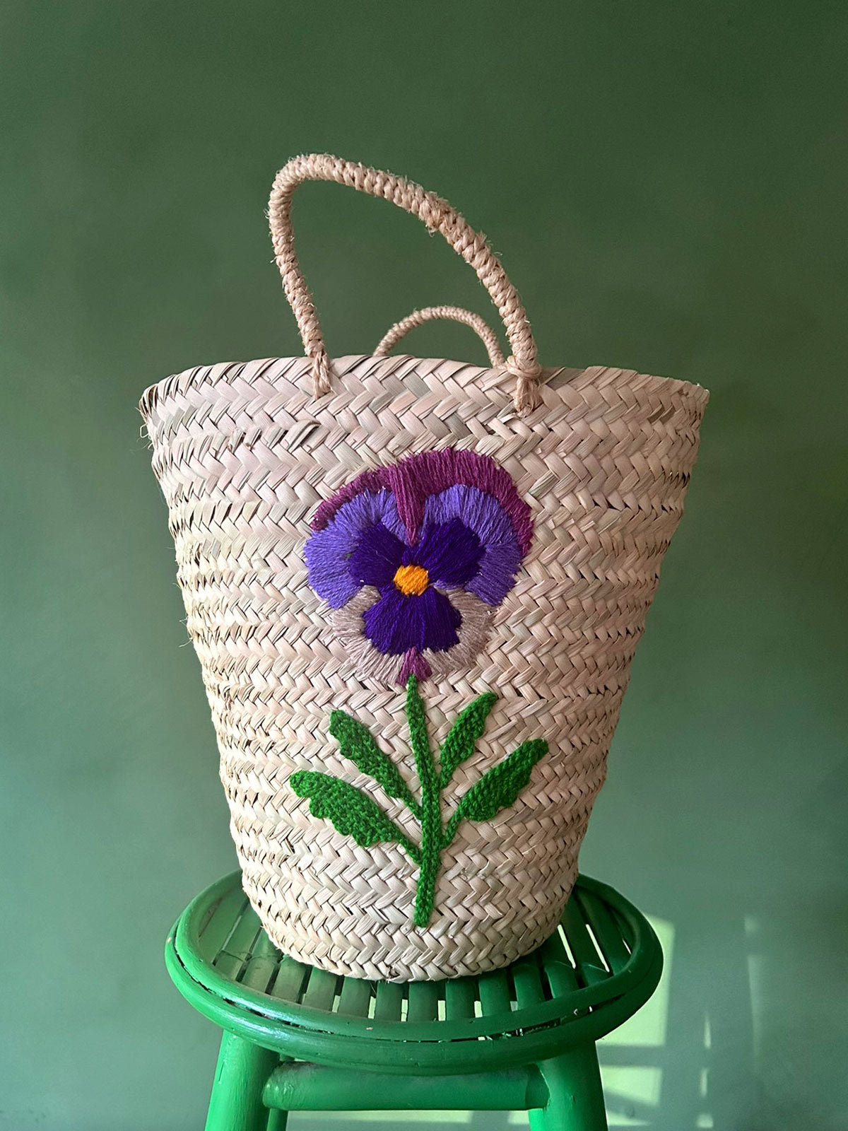 Hand Embroidered Pansy Flower Basket - Boho Home Decor Storage Organizer for Living Room, Bedroom & Bathroom - Perfect for Blankets, Towels & Magazines
