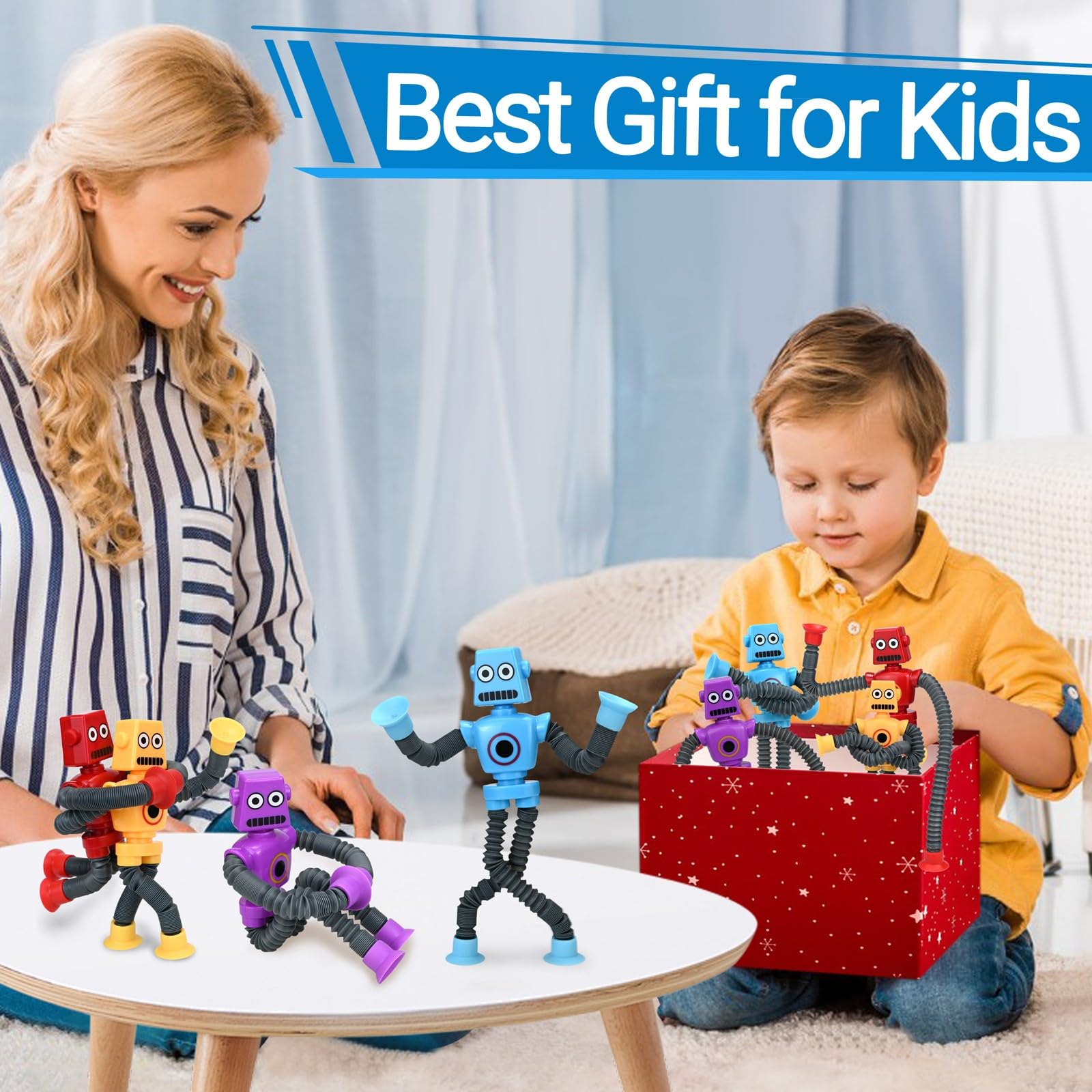 **4 Pack Telescopic Suction Cup Robot Toys - Sensory Fidget Toys for Autism, Stress Relief & Easter Basket Stuffers - Fun Party Favors for Kids & Toddlers (Ages 3-6) - Perfect for Playtime, Gifts & Classroom Activities**